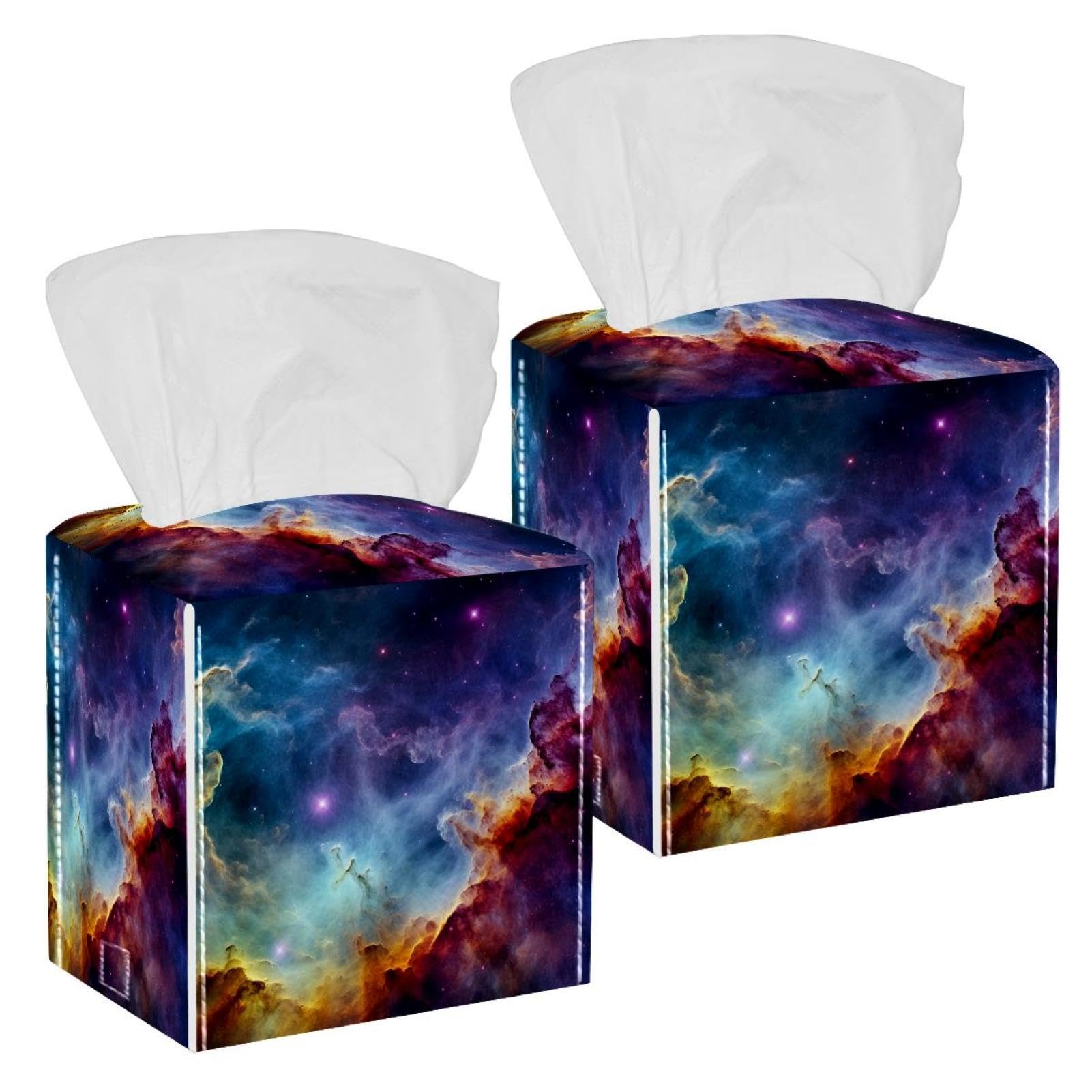 Stars Nebula Tissue Box Cover, 2 Pack PU Leather Square Facial Tissue Dispenser Box holder for Home Office Car