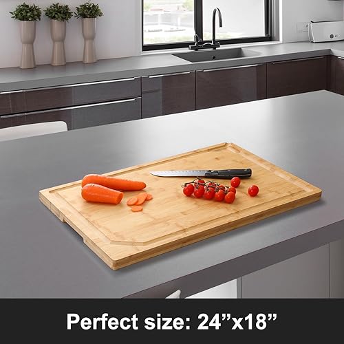 Miniatura 2 de Tablas de bambú extra grandes de 24 x 18 pulgadas para cocina, tabla de cortar de madera resistente con mango y ranura para jugo para carne, tabla