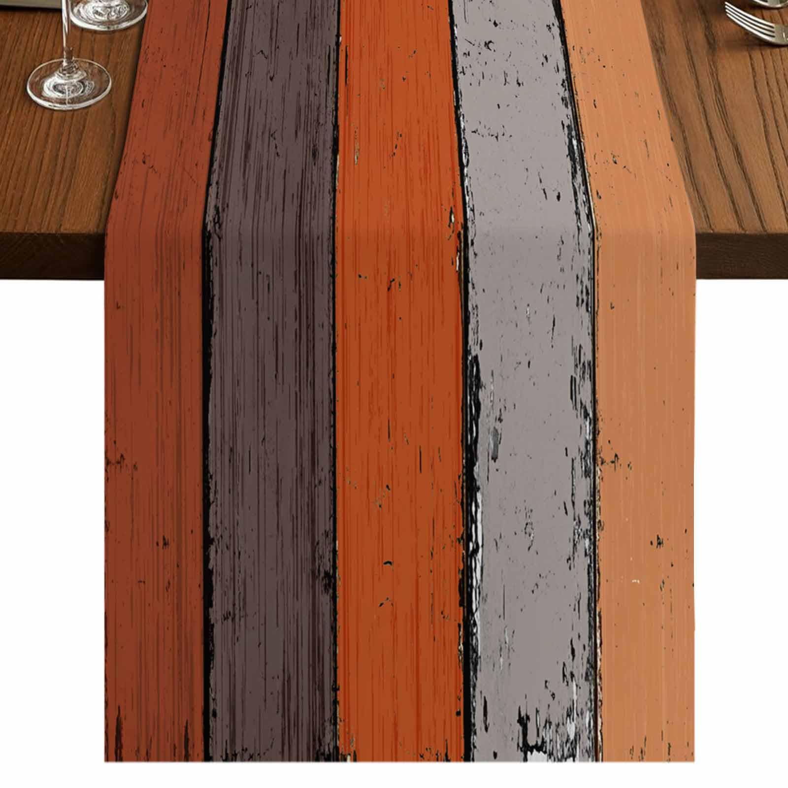 Vandarllin Table Runners 14X48 Inches Long, Ombre Burnt Orange Gray,Cotton Linen Farmhouse Retro Rustic Barn Wood Texture Tablecloths Non-Slip Party