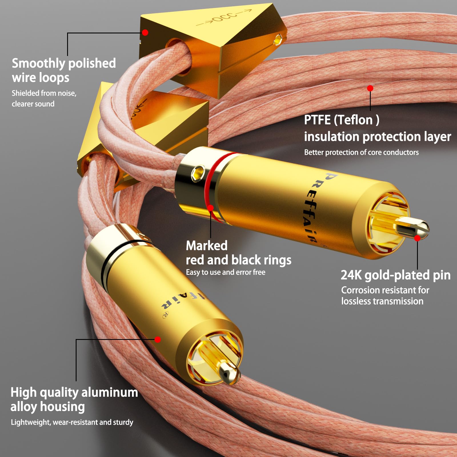 Preffair X461 1 paio di cavi OCC 15AWG 4 x 1,5 mm2 RCA audio con connettori RCA placcati oro per altoparlanti, subwoofer, giradischi, AMP, DAC (1 m, X461R1786G)