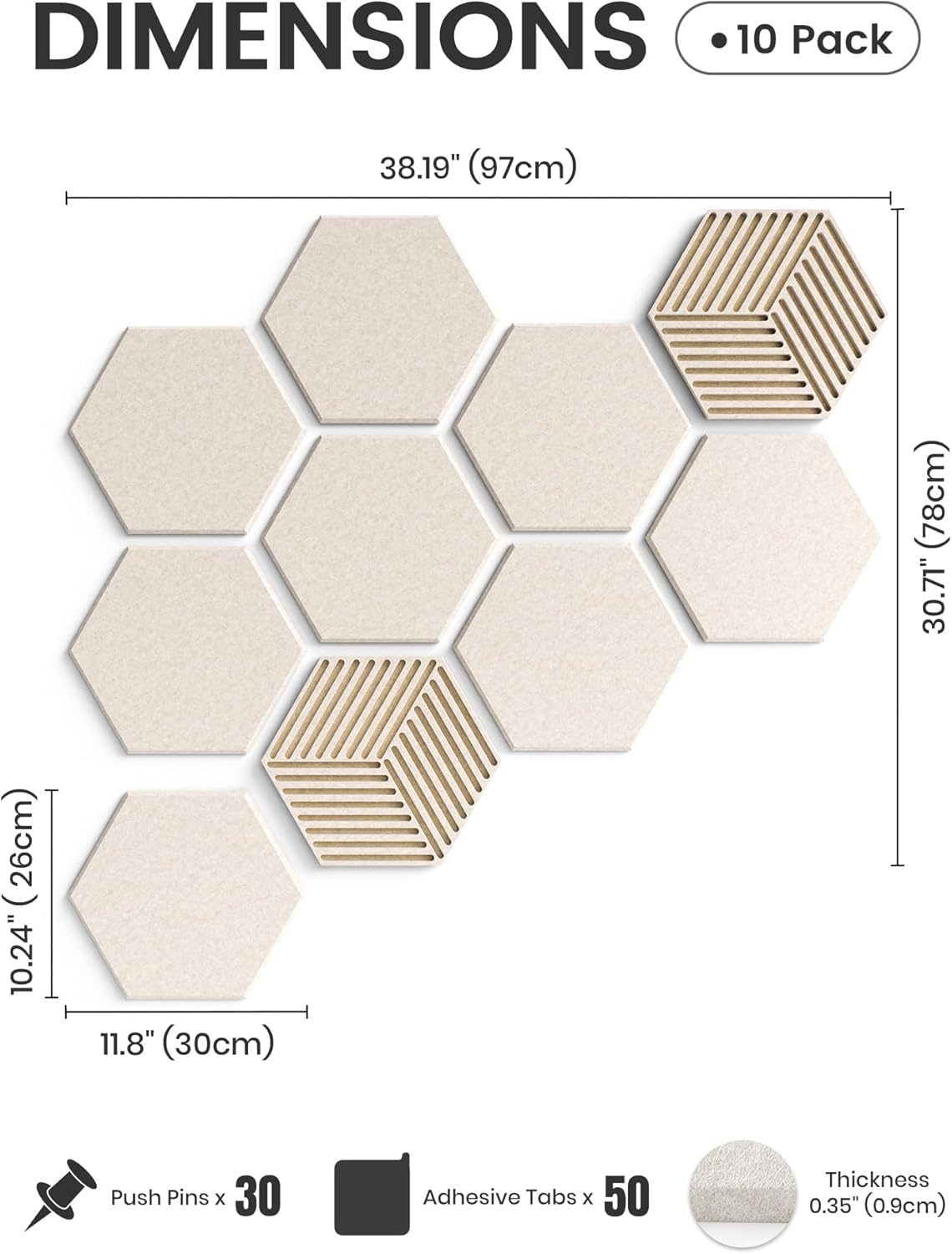 Fluxynara Hexagon Cork Boards Alternative for Walls Decor-10-Pack Felt Bulletin Board Tiles,with 30 Pushpins,50 Adhesive Tabs,Cork Boards for Office & Home Pin Board Felt Board-Oatmeal