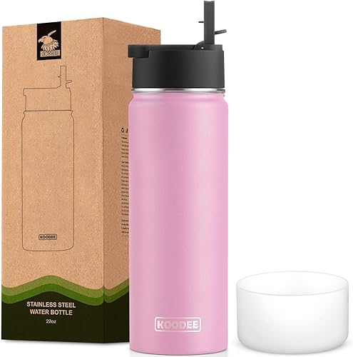 koodee Botella de agua de 22 onzas con pajilla, de acero inoxidable aislado al vacío, botella de agua deportiva de boca ancha, para niñas, para la