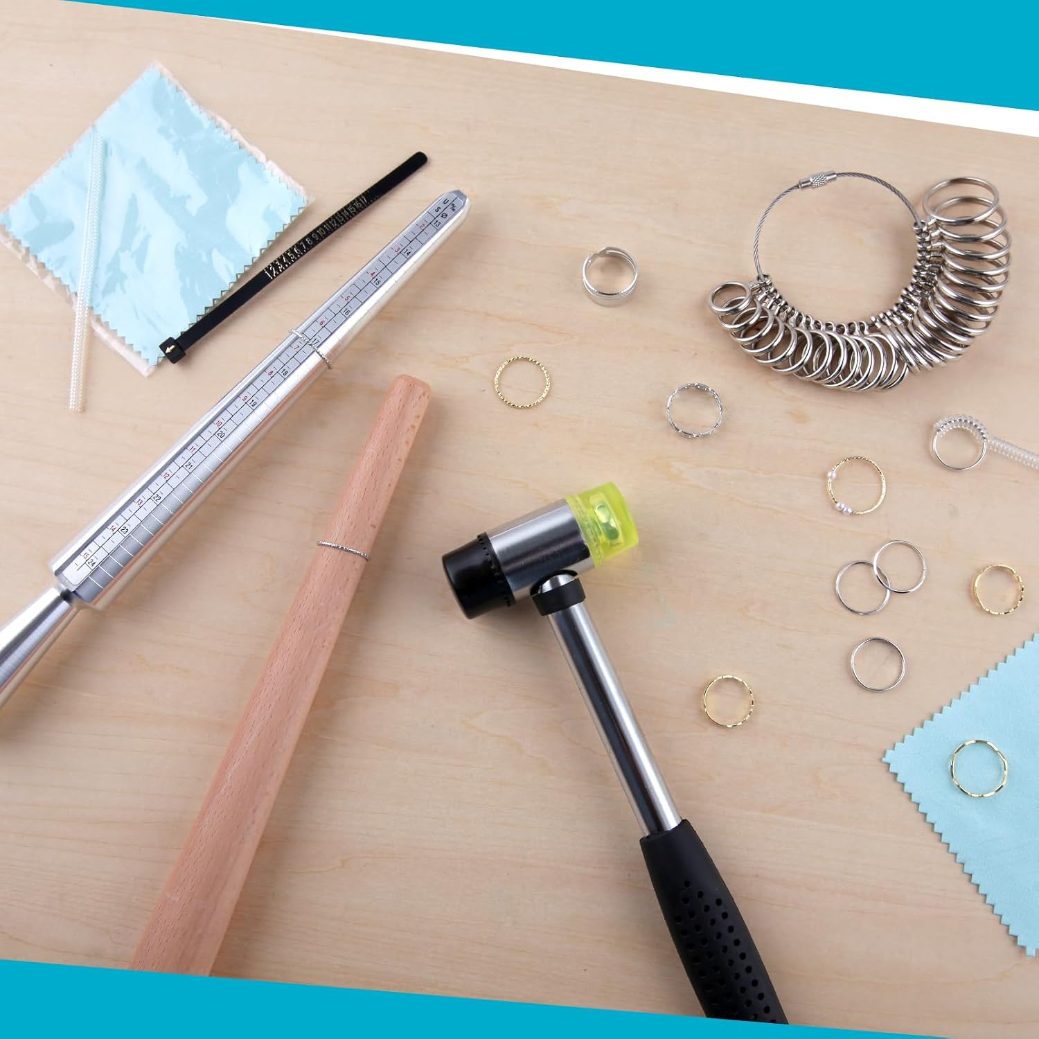 LEONTOOL 9 Pieces Ring Sizer Measuring Tool Set Ring Sizing Kit Includes Ring Sizer Mandrel Rubber Jewelry Mallet Hammer Finger Size Guage Ring Sizer Adjuster Finger Ring Measurer Polishing Cloth