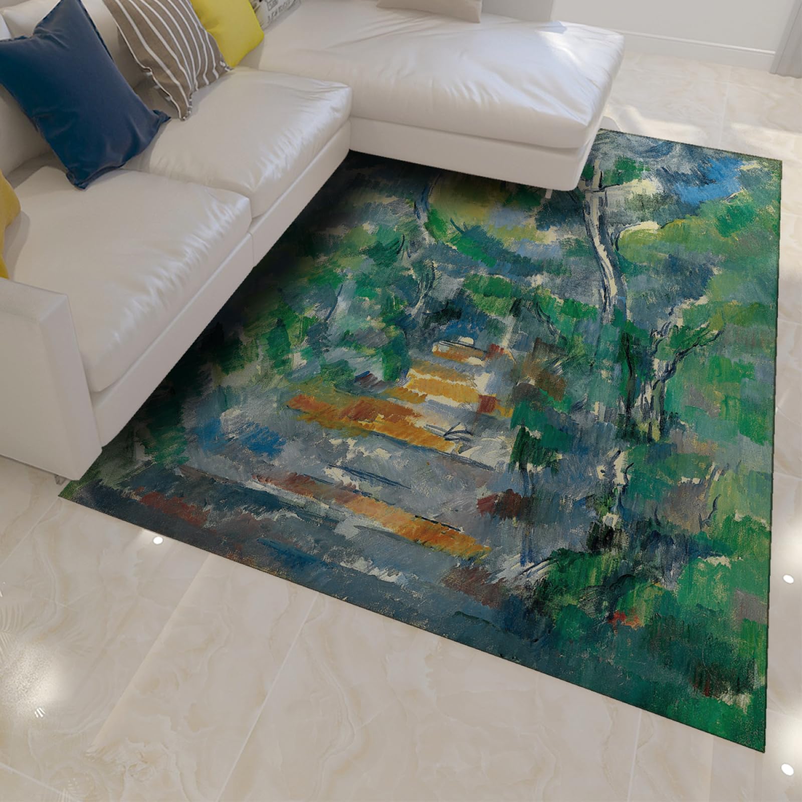 Tapis arbre vert abstrait 90x120cm lavable poil ras pour salon