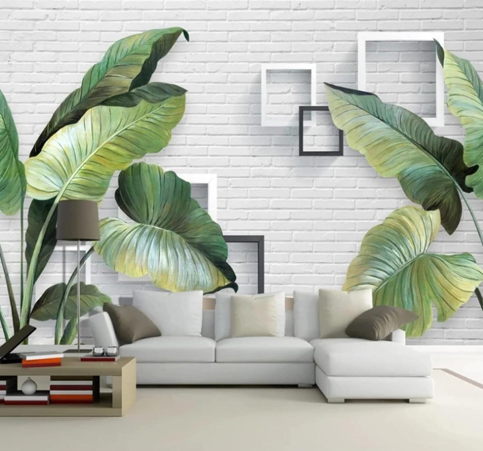 Wallpaper-3D-Xlm 400Cm×280Cm(B×H) Retro Fresh Banana Leaves Brick Wall Square 3D Wallpaper Easy Install Feature Office Living Room Sofa Bedroom Tv Background Wall Decoration-400Cm×280Cm