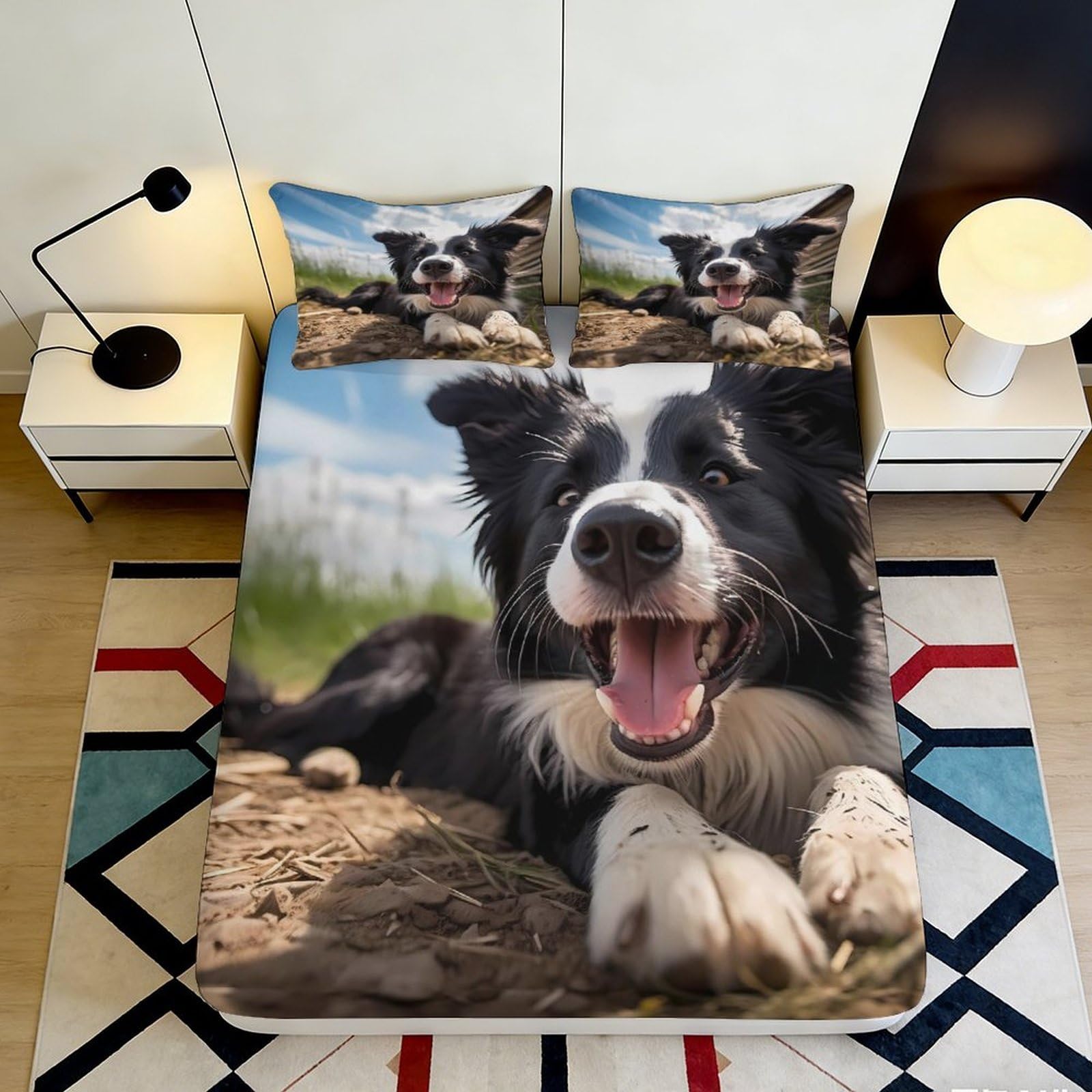 3D Printed Border Collie Fitted Sheet Microfiber Deep Pocket Washable Bedroom Bedding Non-Slip Border Collie Mattress Fitted Cover 200x200x25cm