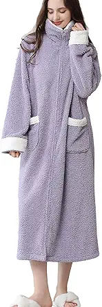Daiwor Kout Zippered Robes for Women Winter Warm Fluffy Robes with zipper front Thick Cozy Fuzzy Housecoat with Pockets