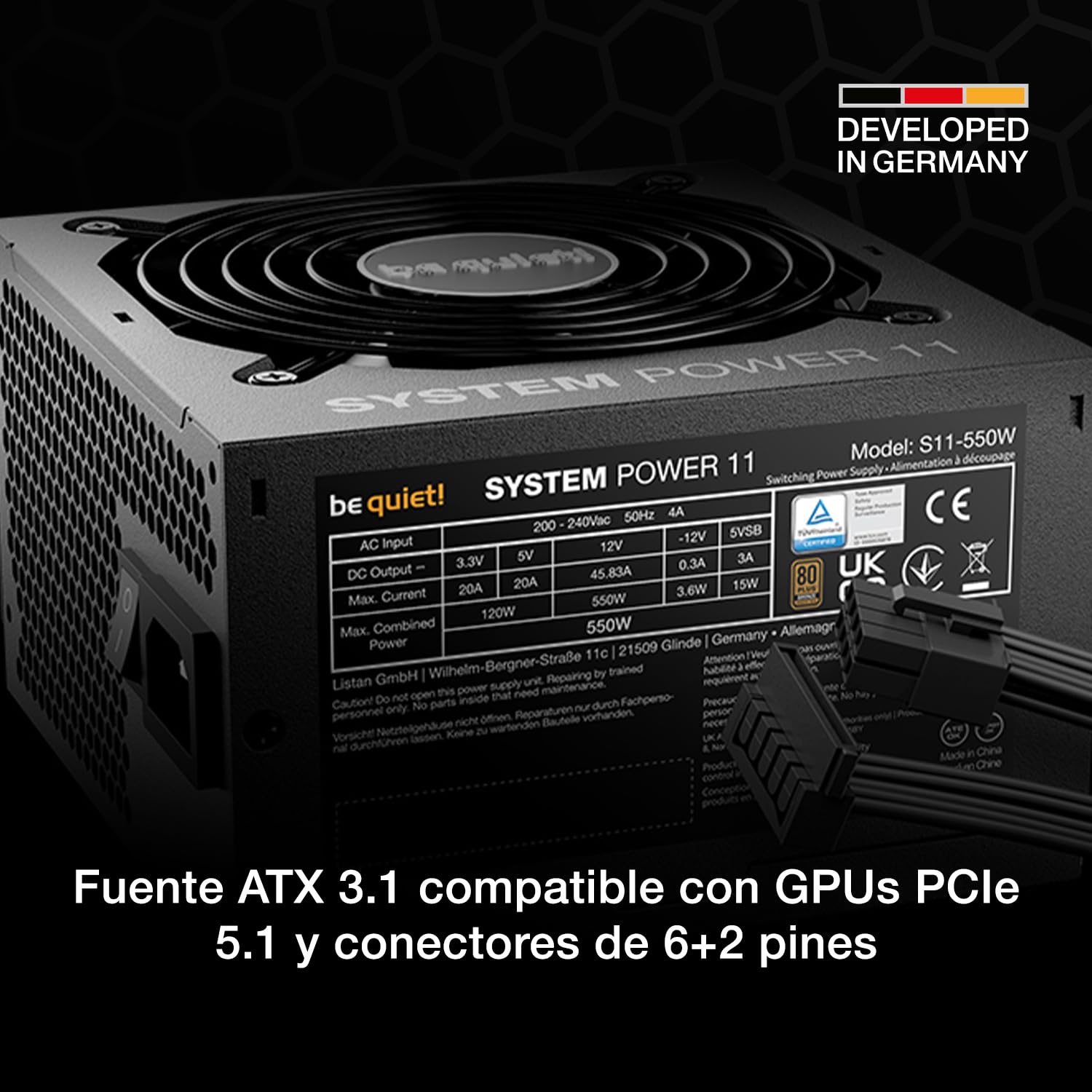 be quiet! System Power 11 550W Fuente de alimentación, ATX 3.1, Compatible con GPUs PCIe 5.1, Ventilador de 120 mm, un Potente riel de 12 V, tecnología DC-to-DC, eficiencia 80 Plus® Bronze
