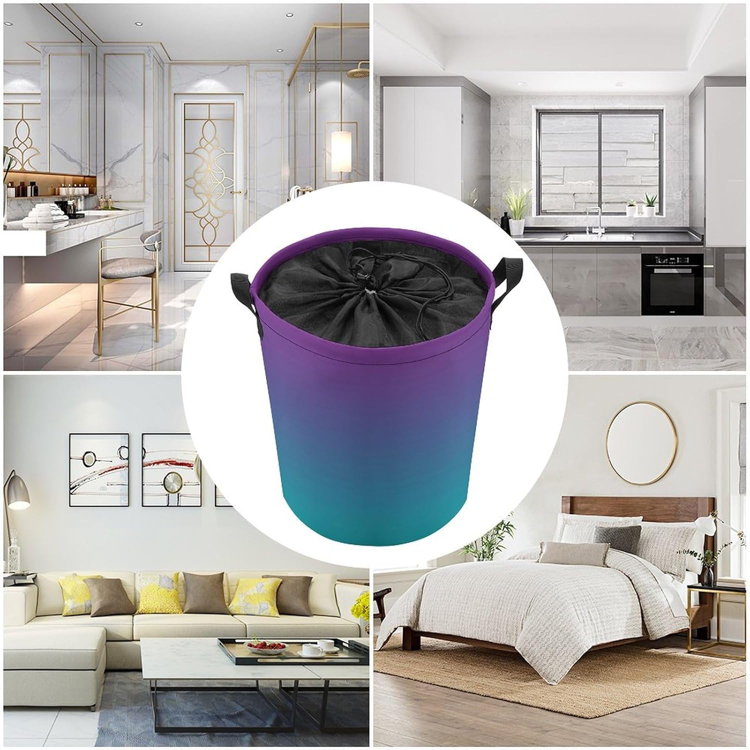 Large Laundry Basket, Deep Purple and Teal Ombre Collapsible Laundry Hamper with Drawstring Dirty Clothes Washing Bin for College Dorm Storage Essentials