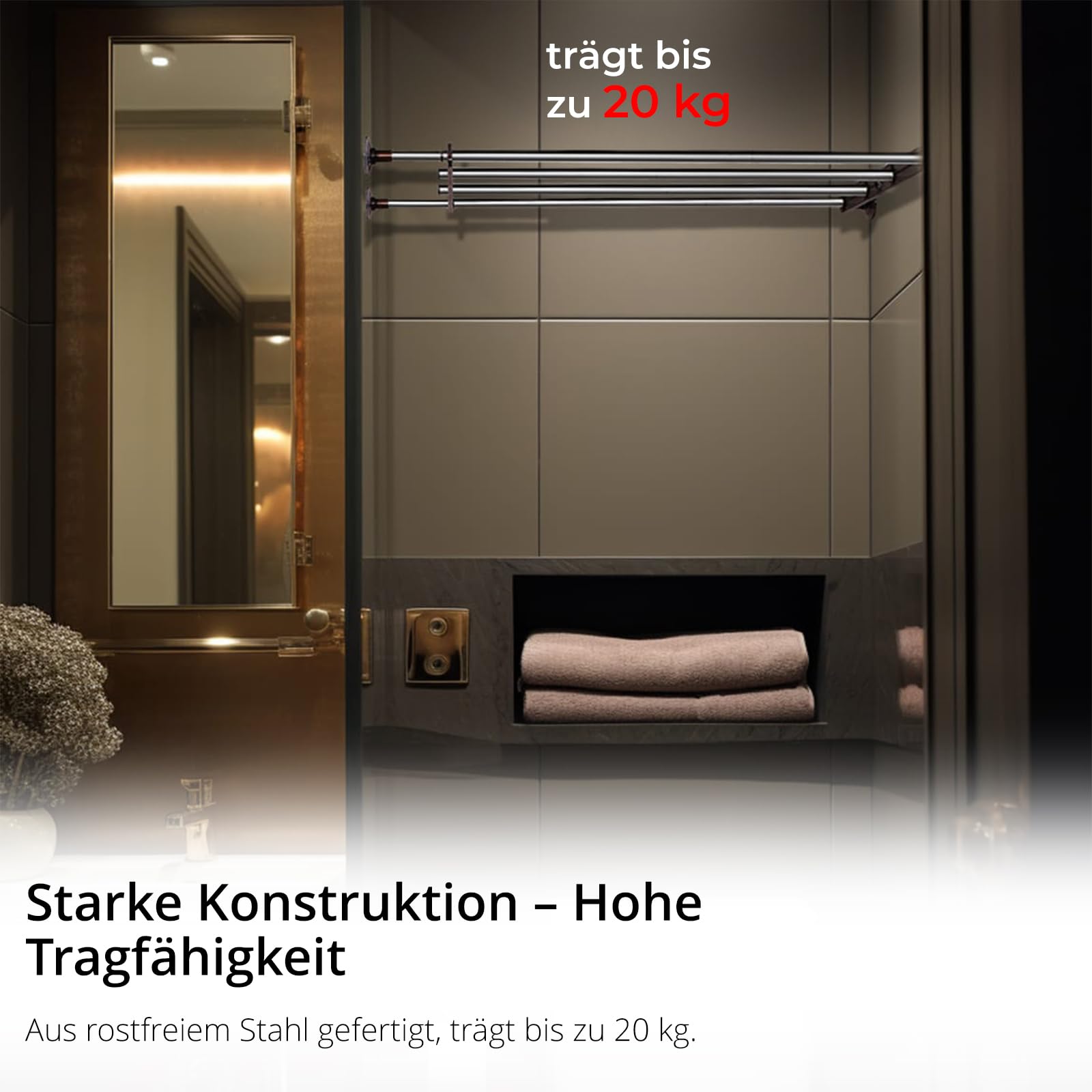 wellex Teleskopregal Wäscheständer - Bohrfreie Wandmontage Teleskop - Verstellbar 90 cm - 120 cm - Edelstahl Silber