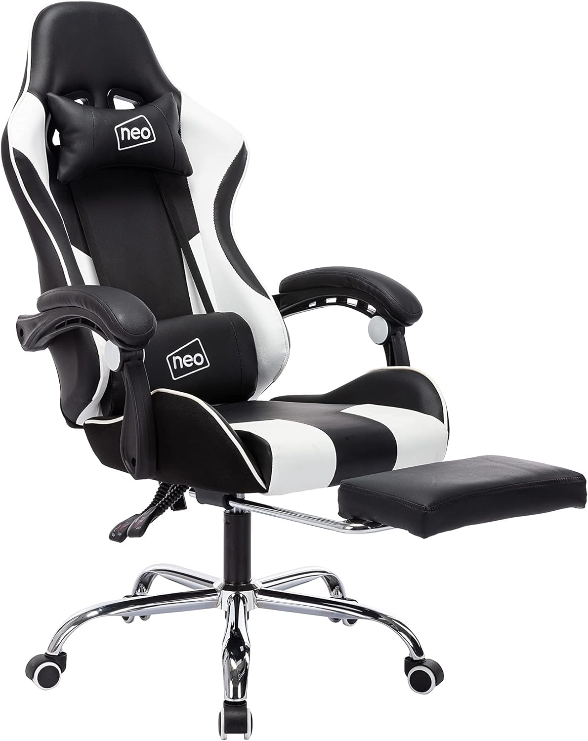 Neo Leather Gaming Racing Chair Footrest, Headrest and Lumbar Massage, Height Adjustable with Swivel Seat for Home/Office (White)
