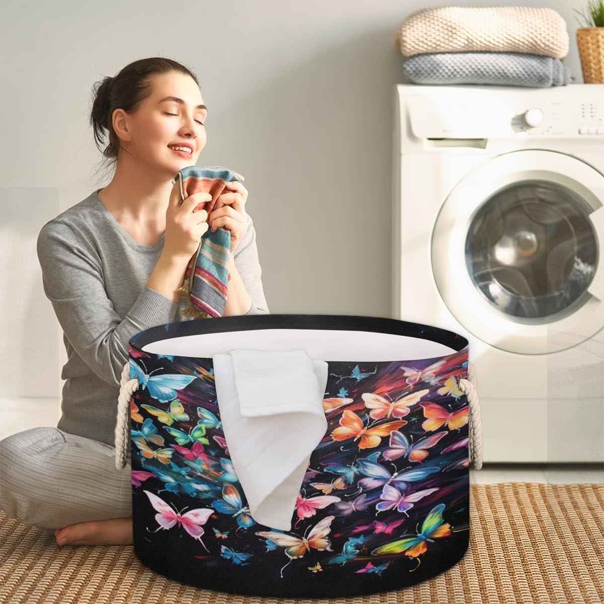 Large Round Laundry Basket Colorful Design Butterfly Toy Bins Organizers and Storage for Girls Canvas Collapsible Blanket Storage Basket Laundry Hamper Gift Baskets Bedroom Clothes Children Nursery