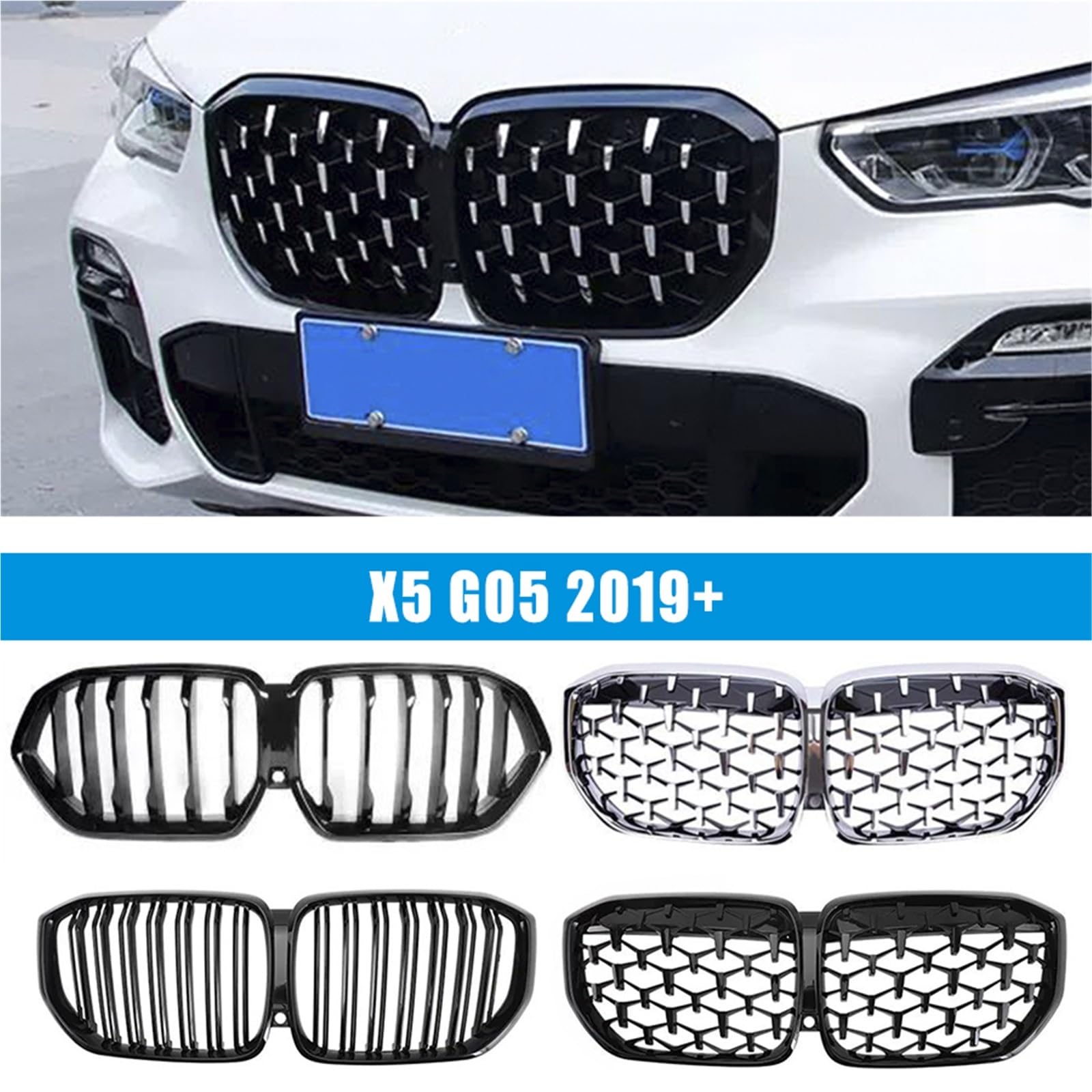 osłona chłodnicy silnika osłona Pasuje do BMW X5 G05 2019 X6 G06 2020 2021 2022 Przednia nerka Grille Grille Gloss Black Silver Diamond Sports kratki samochodowej(G05 GB SIL Diamond)
