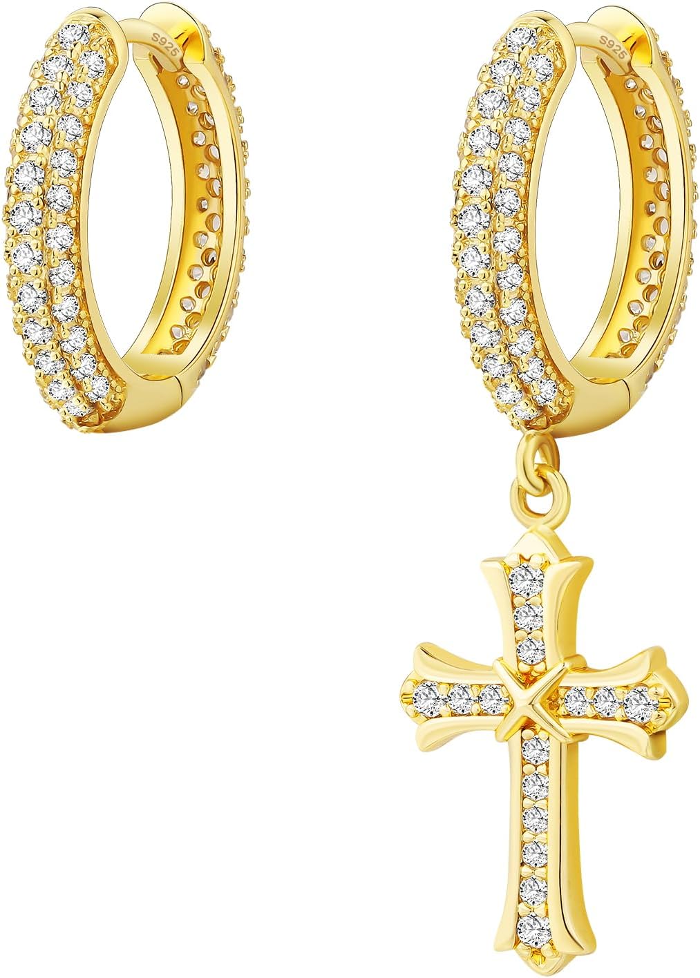 KRKC Cross Dangle Earrings - Sterling Silver Hoop, 14K Gold Plated, Hypoallergenic, 15mm Cross Dangle Drop Round Earrings for Men & Women