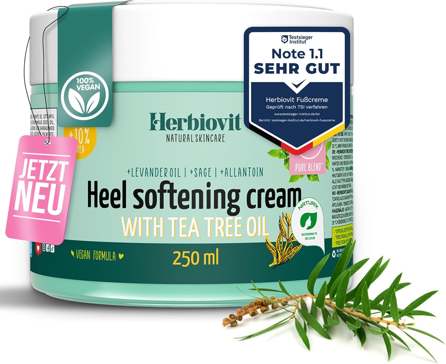 Veganistische voetcrème tegen eelt rondingen 250 ml met tea tree olie salie en 10% urea voetcrème | natuurlijke voetverzorging voor droge gebarsten hielen | hielcrème eeltverwijderaar