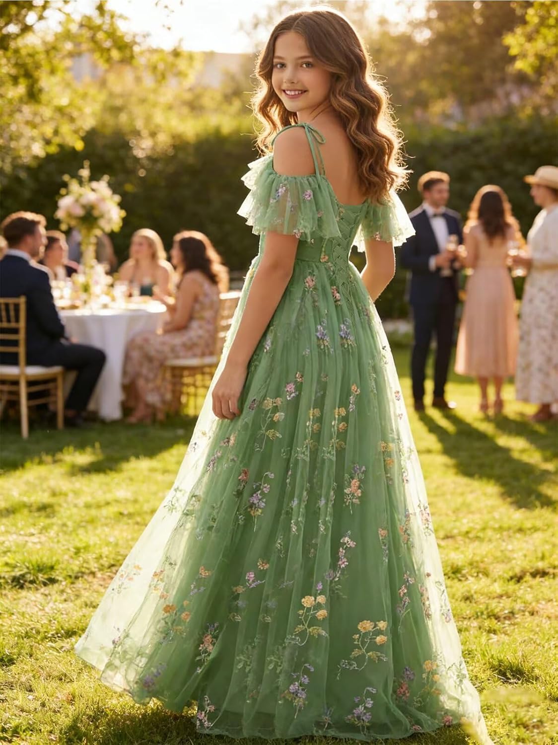 Bedlover Flower Embroidery Tulle Junior Bridesmaid Dresses Long Slit Spaghetti Straps Fairy Formal Gowns