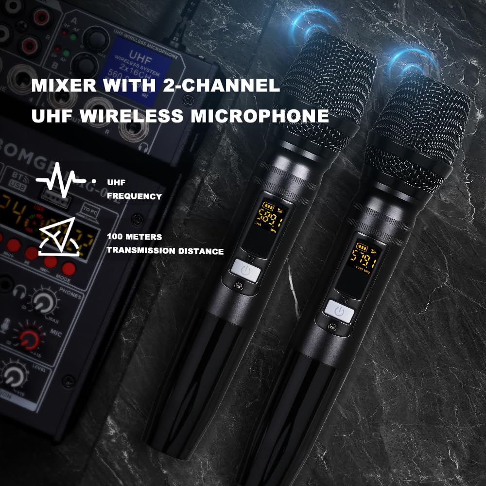 BOMGE 04E Karaoke-Audio-Mixer, 4-Kanal-Mixer mit kabellosem Dual-UHF-Mikrofon, Soundboard-Konsole, MP3, Bluetooth, 48 V, Phantomspeisung, USB-Audio-Schnittstelle, DJ-Mixing für Party, Computer,