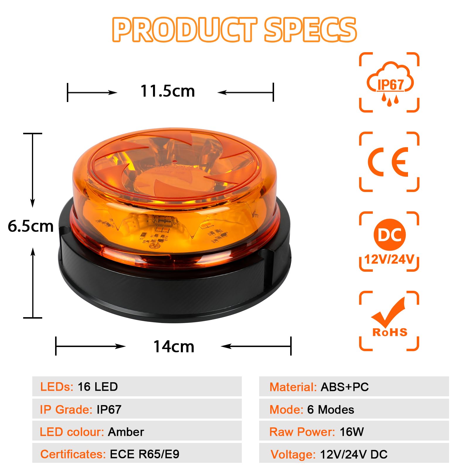 Luce LED stroboscopica lampeggiante, 6 Funzioni Flash Rotazione 12V/24V lampeggiante trattore con 30cm Cavo, arancione per Trattore Camion Auto E-MARK E9 -Montaggio a vite