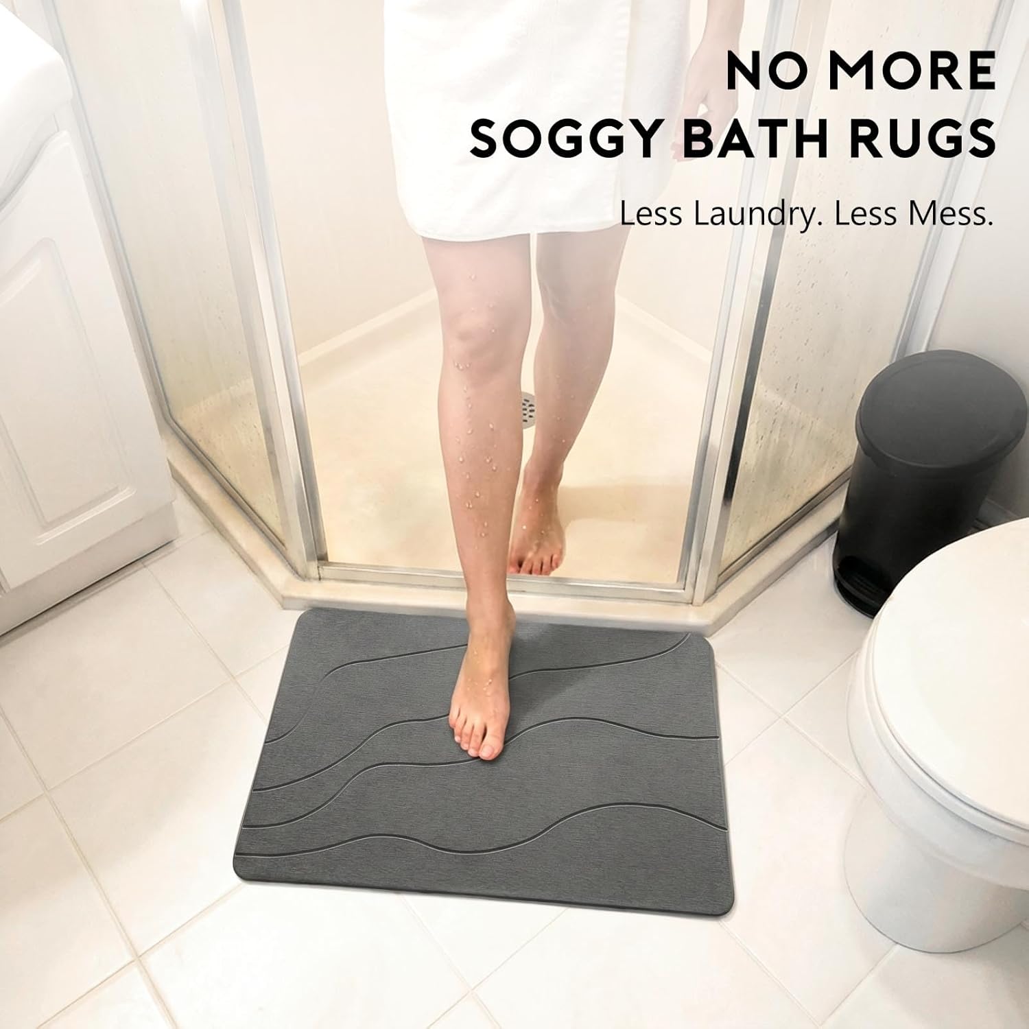 Stone Bath Mat, Dries Quickly Diatomaceous Earth Mats for Bathroom Shower Exit, Easy to Clean, 23.5" x 15.5" Dark Gray-Wave