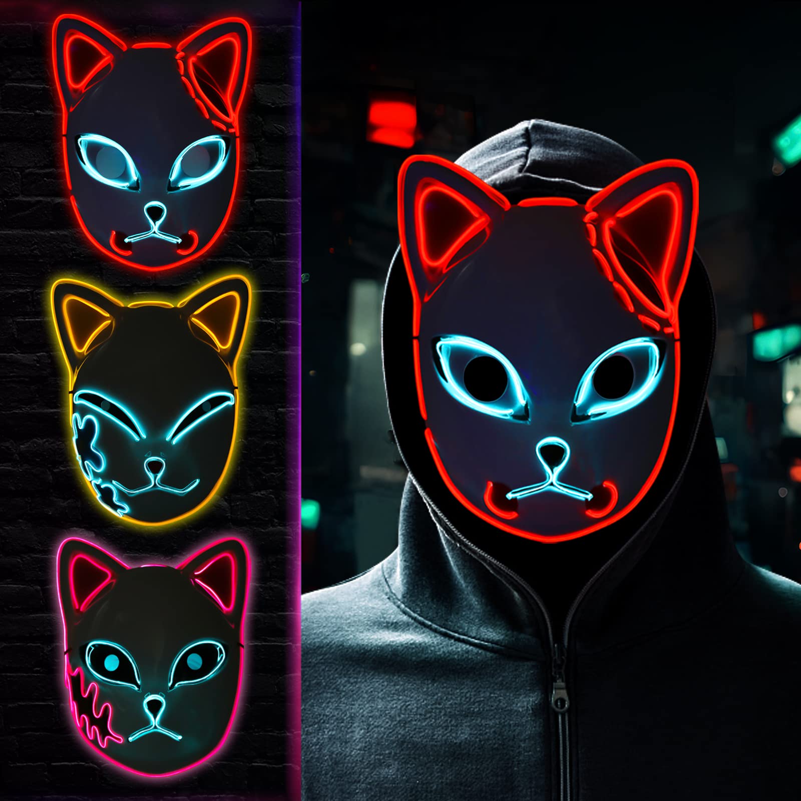 Varuotu Demon Slayers Mask LED 3Pcs Japanese Fox Mask Anime Merch Glowing Masks Halloween Costume Cosplay Masquerade Props (3Pcs Glowing Fox Mask)