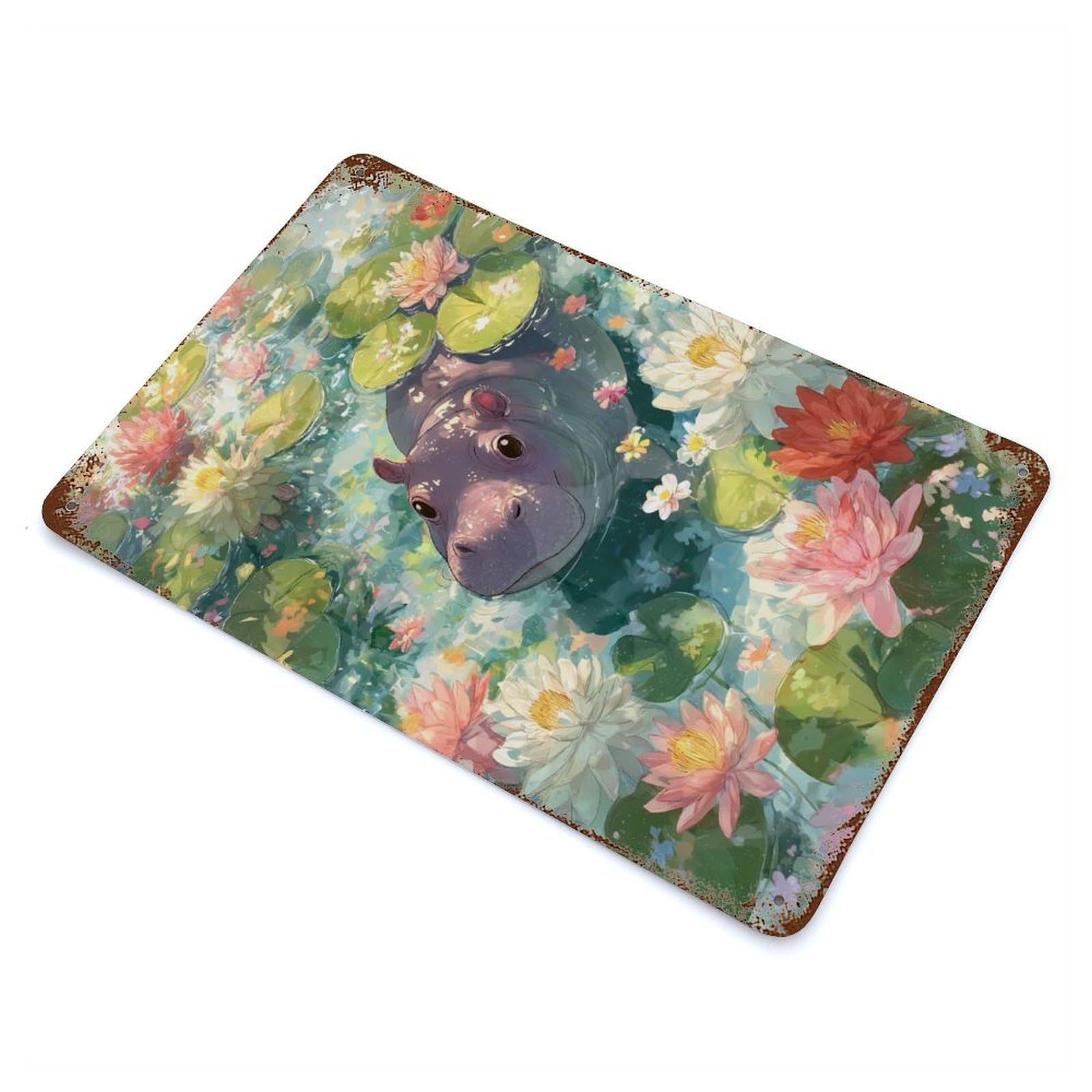 Hippo in A Lily Pond Vintage Rust Metal Sign 11.8"x7.9", Shabby Chic Decor for Living Room, Hallway And Home Decor