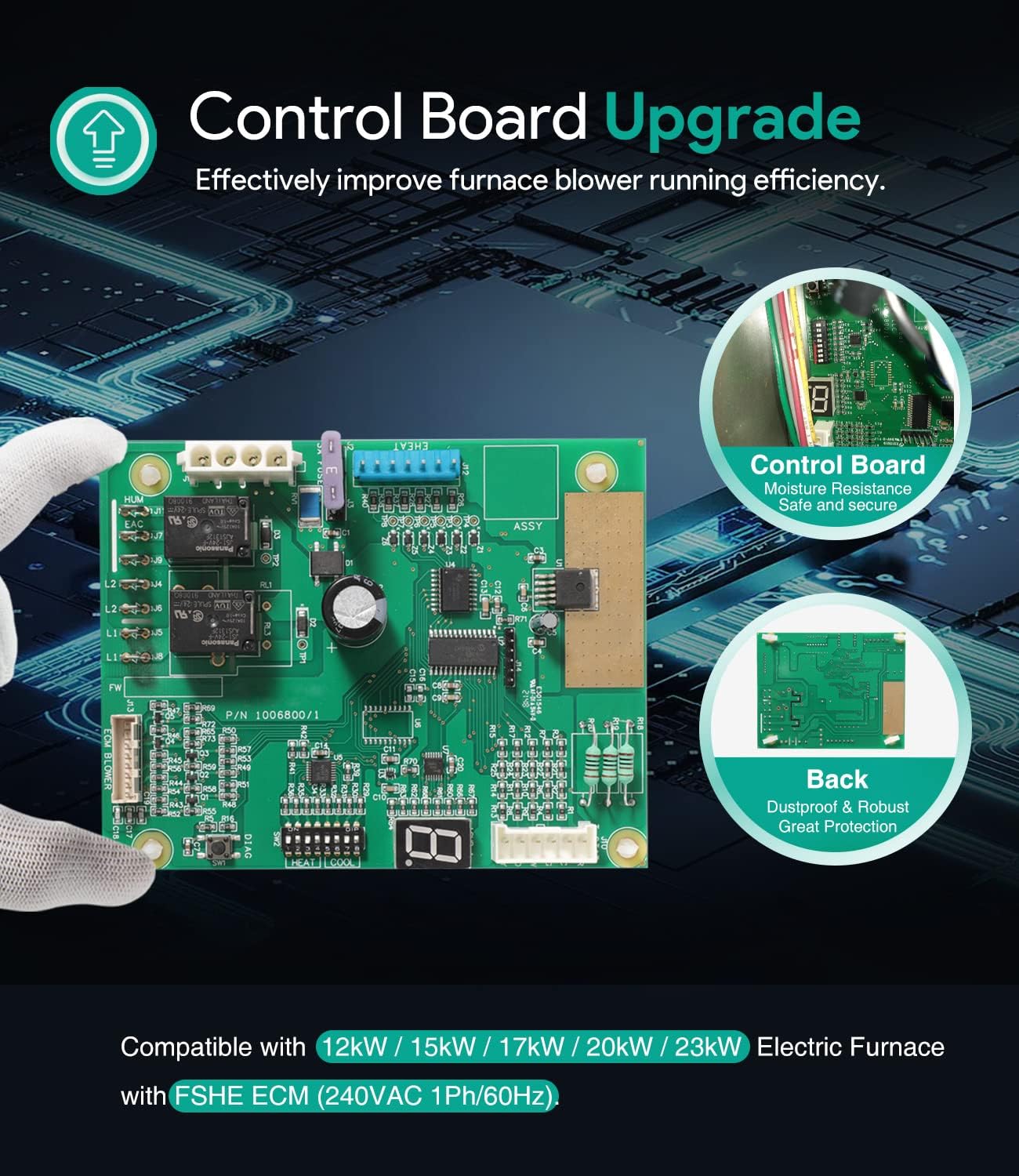 1006801R Control Board 1006800/1 For Nordyne Intertherm Revolv Miller E7 & B6 Series Electric Furnace, Replacement Printed Circuit Board, W/Electric Heat, Single Stage