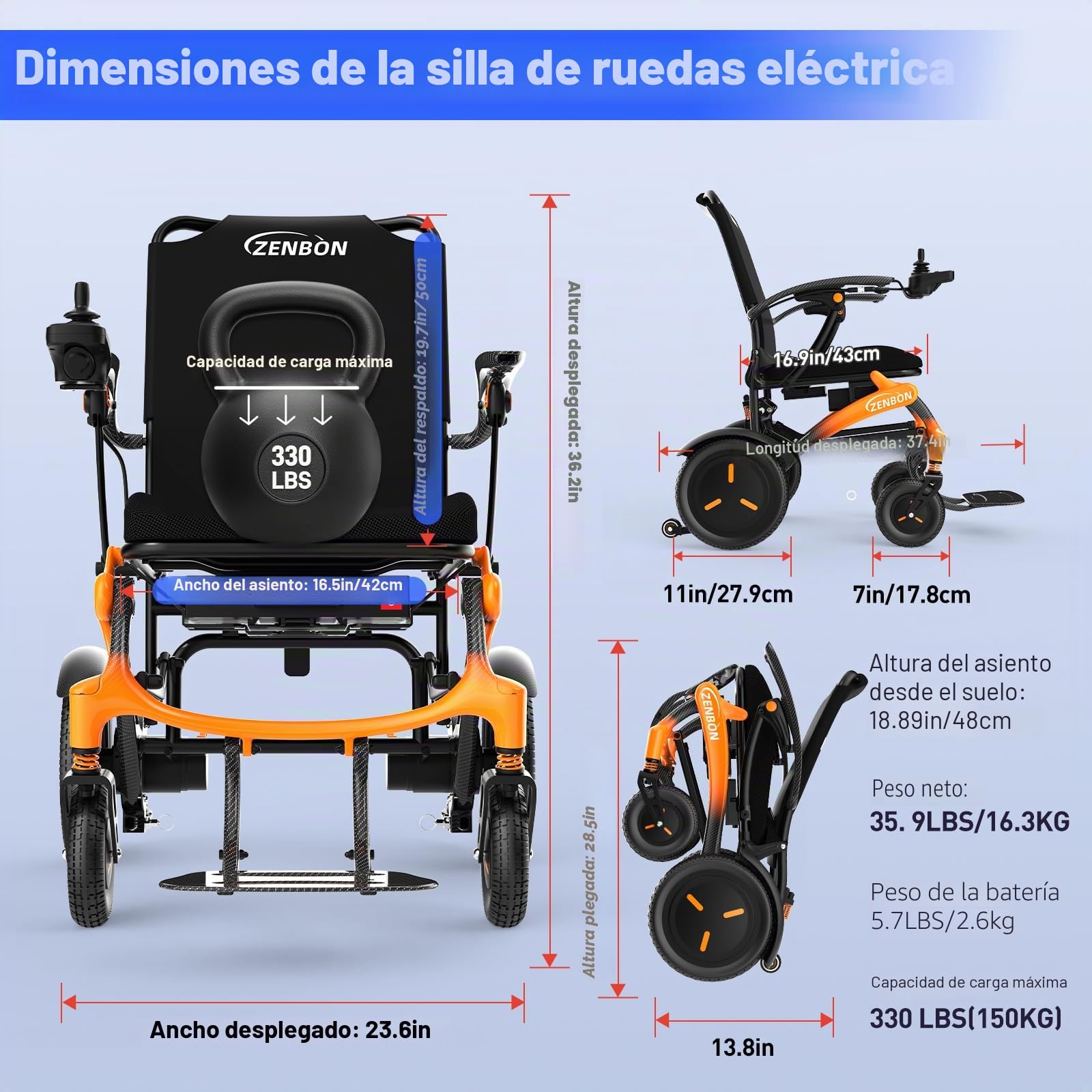 Silla de Ruedas Eléctrica Plegable Ligera de Carbon (Naranja)