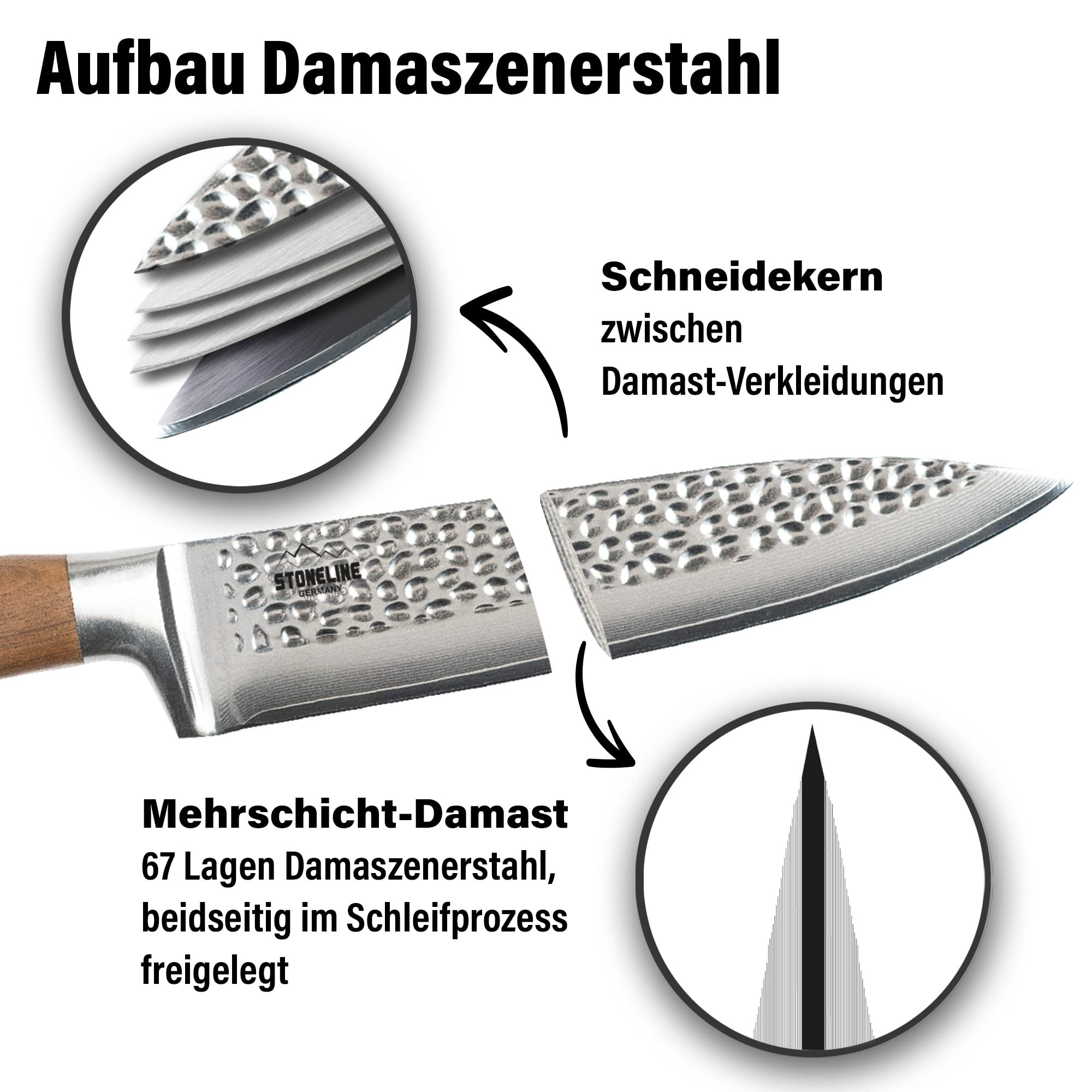 STONELINE Cuchillo Chef de Acero Damasco 34 cm, Hoja Martillada Extremadamente Afilada de 20,3 cm, 67 Capas, Cuchillo Cocinero Uiversal Profesional, Mango de Nogal, Embalaje Madera, Cuchillo Cocina