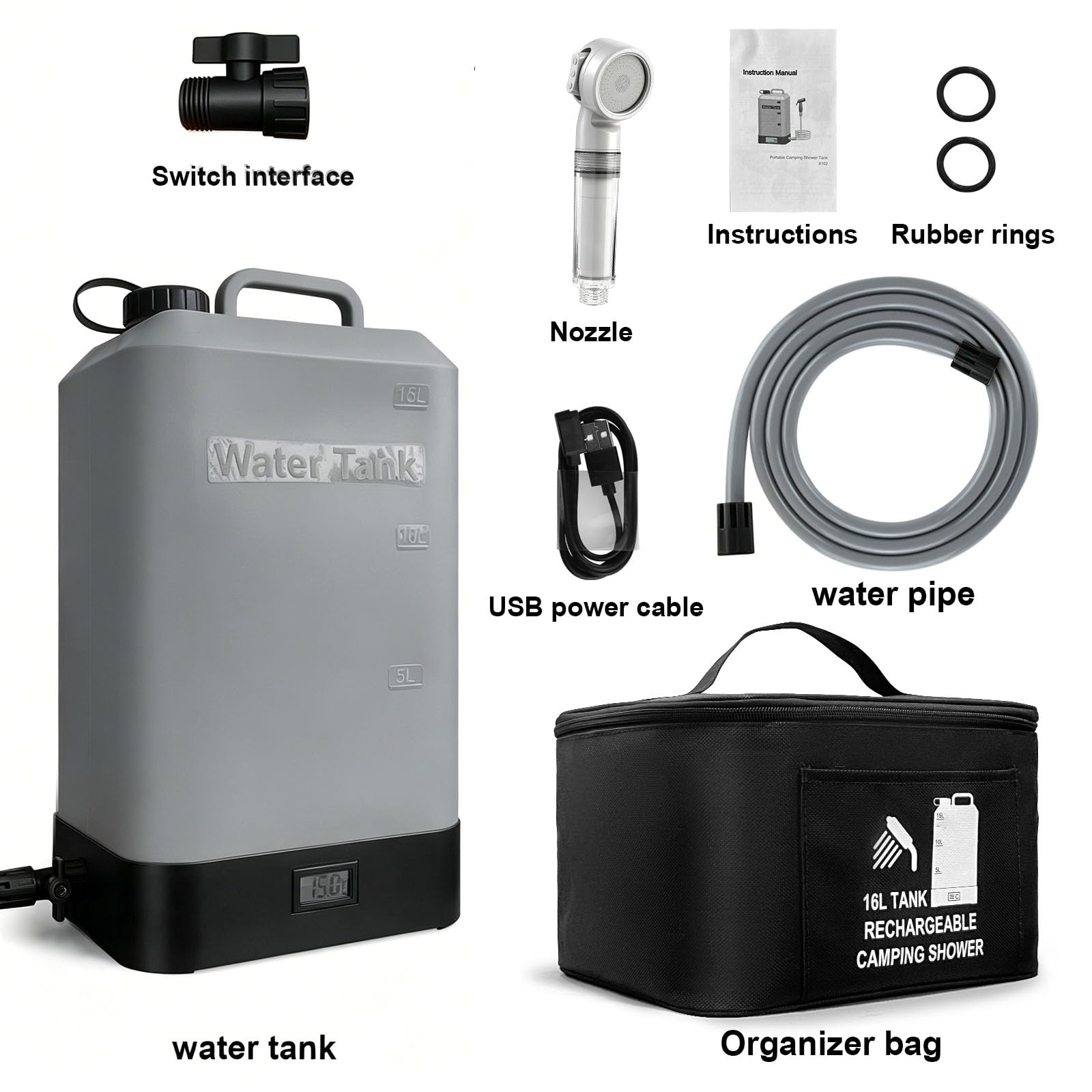 Doccia elettrica serbatoio in silicone da 16L,doccia portatile per esterni,con testina doccia a 3 modalità,riscaldamento solare e display della temperatura,ideale per campeggio,spiaggia e escursioni | Botti in silicone 16L, pieghevole, doccia in botte e p