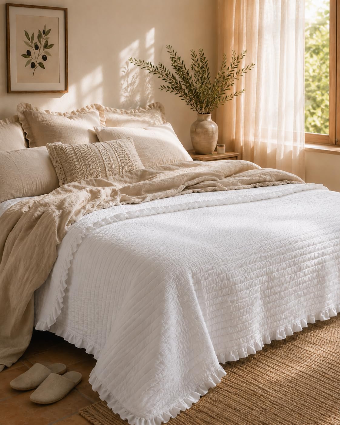 HaraDeco Cubrecama Blanco Reversible 300x260 cm para Cama 200 – Colcha Fina de Verano con Diseño de Volantes Elegantes, Ligera, Suave y Fácil de Lavar, Sin Funda de Almohada