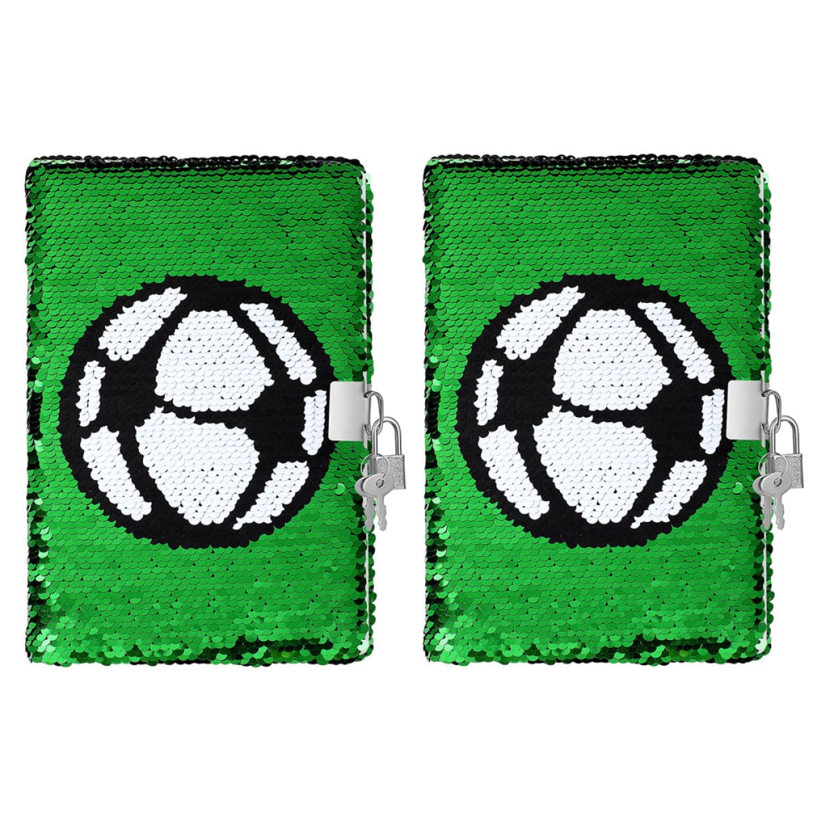 Quaderno con Paillettes da Calcio Reversibile Set Diari Adolescenti 2 Pezzi con Lucchetto e Chiave Diario Segreto Portatile a Righe per Ragazzi e Ragazze Tema Calcio Verde