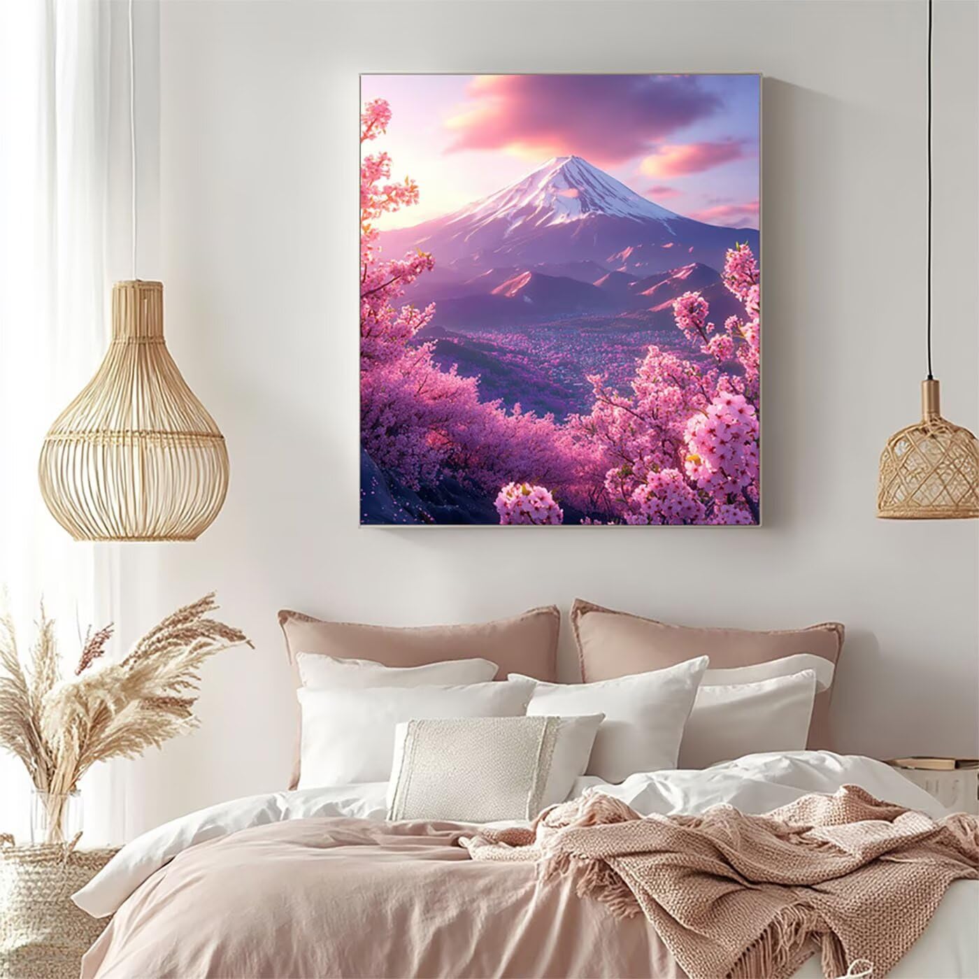 Malowanie według numerów dla dorosłych Mount Fuji Zestaw do malowania akrylowego 3 pędzle i płótna do malowania 70 x 95 cm, DIY kolorowanki dla dorosłych kwiaty wiśni, prezent dla kobiet Model-04210