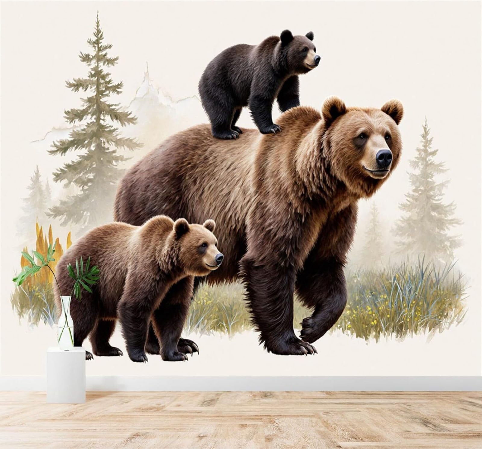 Tzxztt Animals Brown Bears Forests Mountains Scenery Modern 3D Wallpaper Premium Textured Silk Neutral Tones Material Ideal for Living Room Bedroom-430cm×300cm
