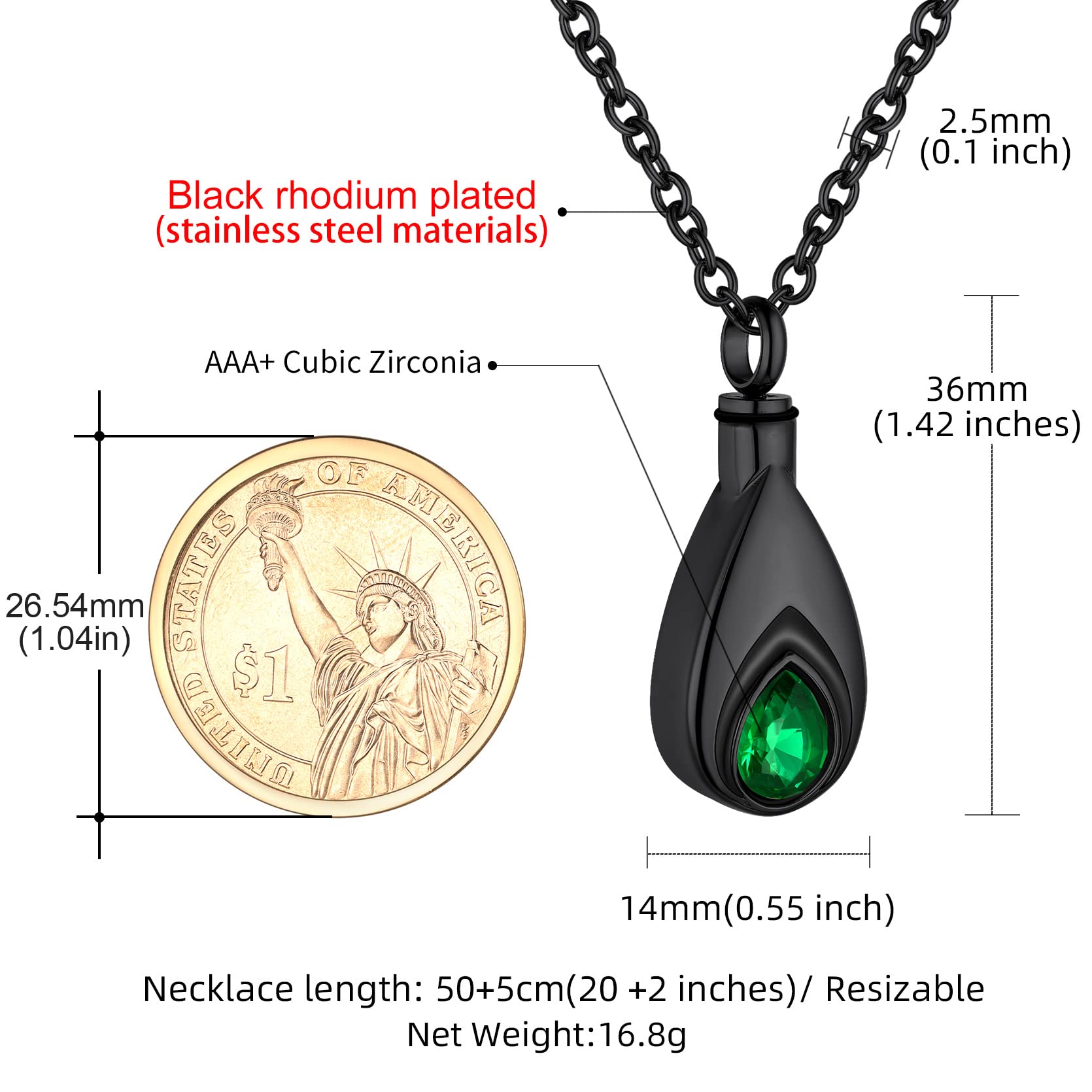 GoldChic Colgantes para Meter Cenizas Seguro Forma Gota de Agua con Cadena 50cm Largo, Colgantes Cenizas Negro Nombre Personalizable, con Caja de Regalo