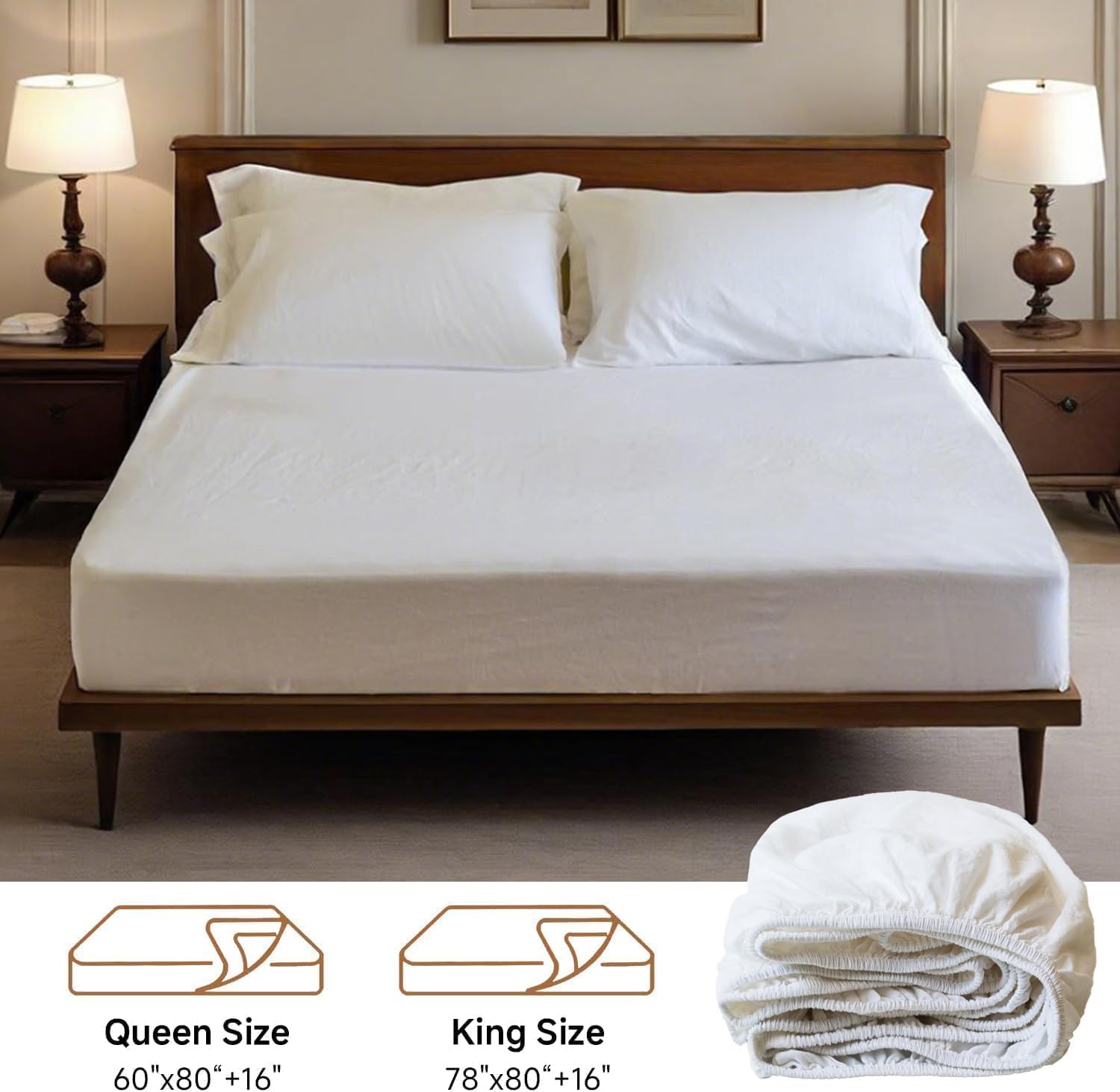 Flax Linen Fitted Sheet Queen Size, Easy Fit Linen-Cotton Blend Mattress Cover Breathable Soft Deep Pocket (Up to 16") Fitted Bed Sheets for Year-Round Comfort (60" X 80", White)