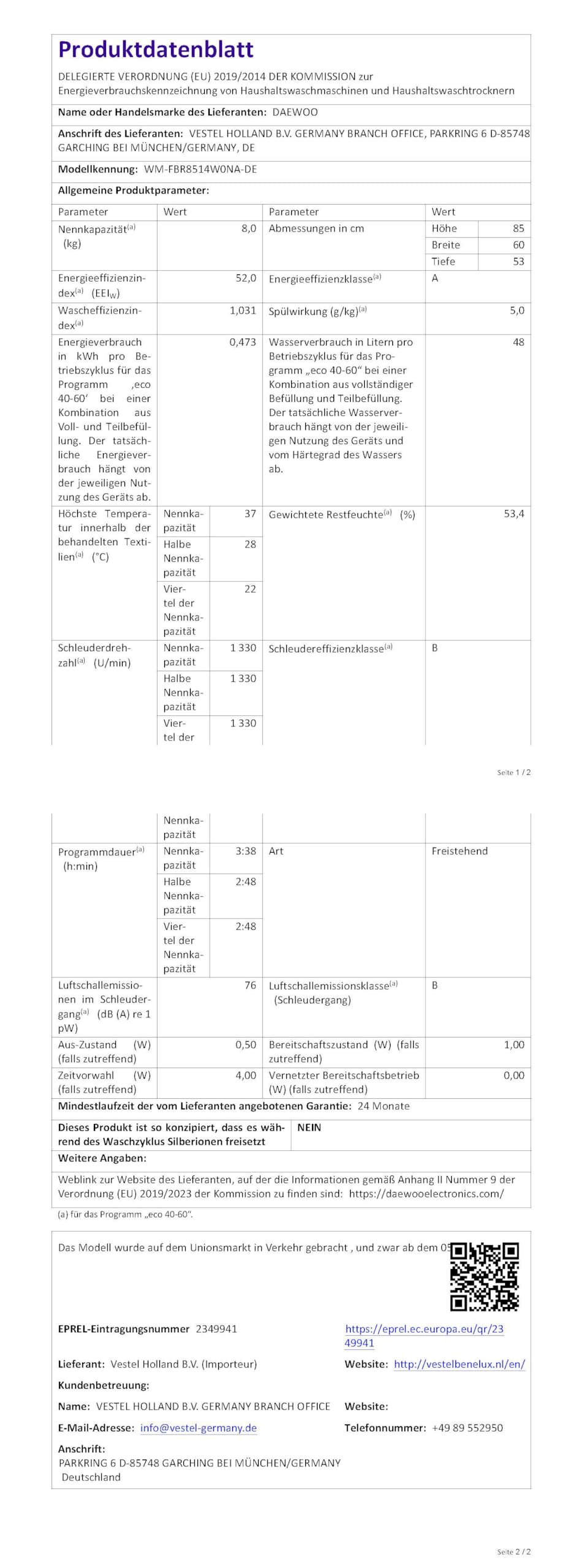 Daewoo WM-FBR8514W0NA-DE Waschmaschine Frontlader, A, 8kg, 1400 U/min., 15 Programme mit Kurzprogramm, AquaStop, Weiß (8 kg)