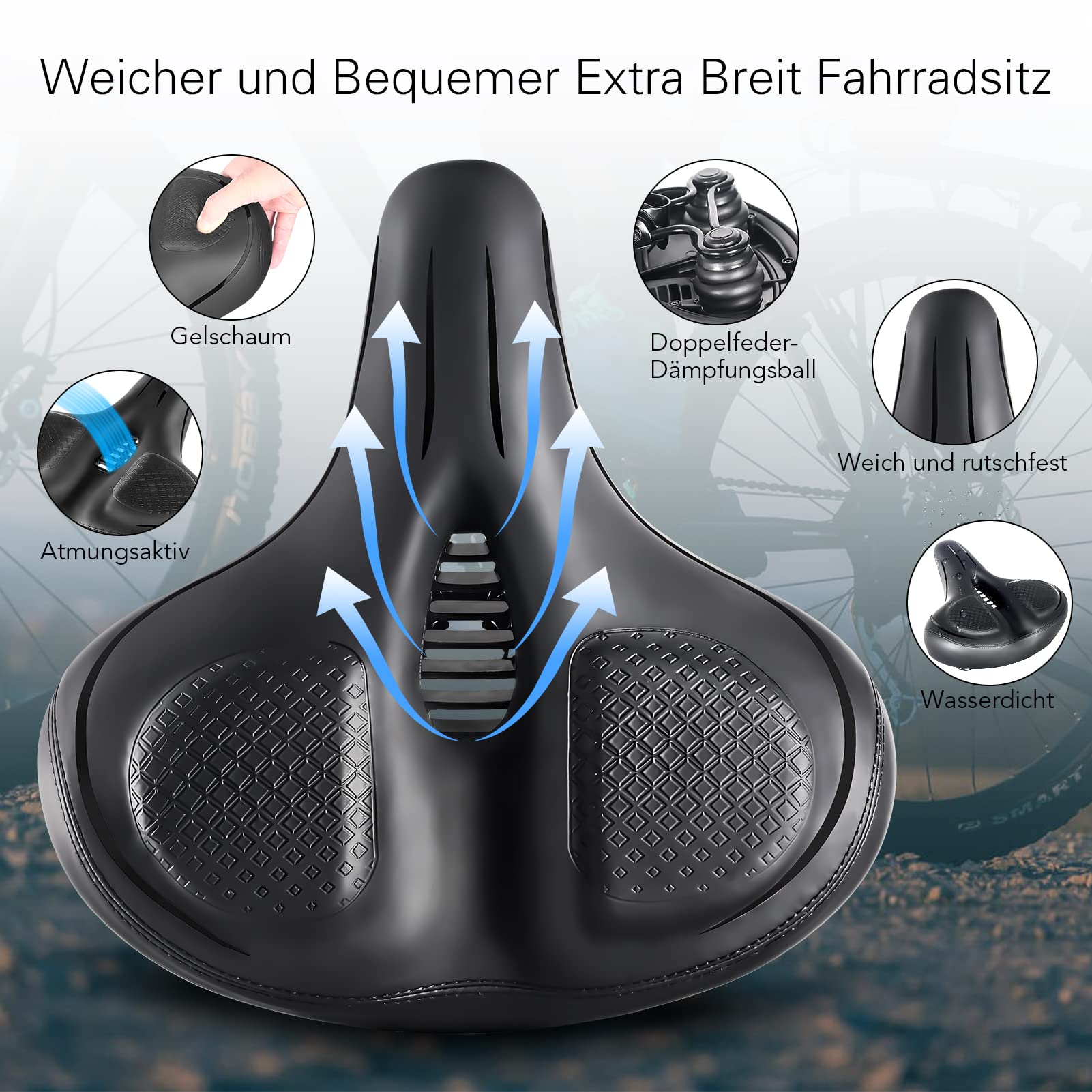 Wowstar Bicycle Saddle, Extra Large Gel Bike Seat Women Men Comfortable Waterproof Breathable Hollow Memory Foam Wide Saddle with Tools and Reflective Strips for City Road Bike MTB Black Sports