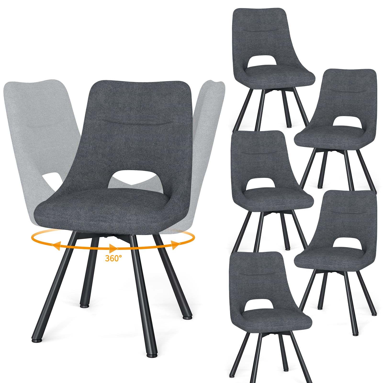 WAFTING Esszimmerstühle Drehbar 6er Set, 360° Drehbare Stuhl, 48 cm Breite Sitzfläche, Gepolsterte Küchenstühle mit Durchbrochene Rückenlehne, für Esszimmer, Küche, Wohnzimmer und Cafés, Dunkelgrau