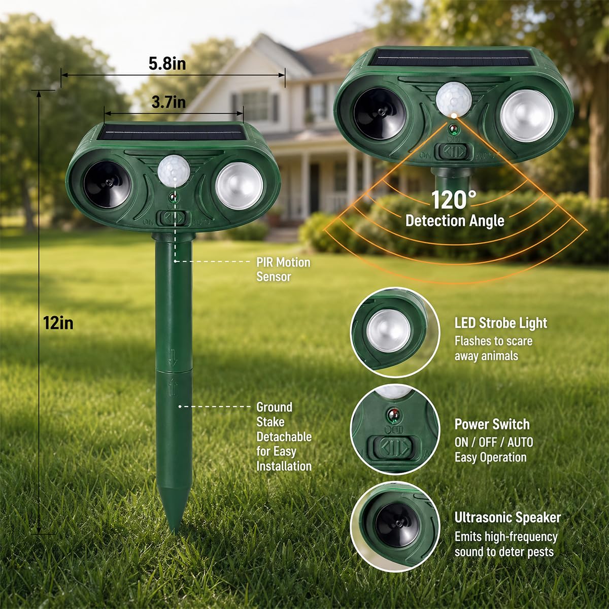 Solar Ultraschall Tiervertreiber 2 Pack, Hirschabwehrgeräte Wasserdicht, Katzenschreck Outdoor mit Bewegungserkennung Eichhörnchen Stinktier Kaninchen Hund Waschbär Abschreckungen Tiervertreiber für