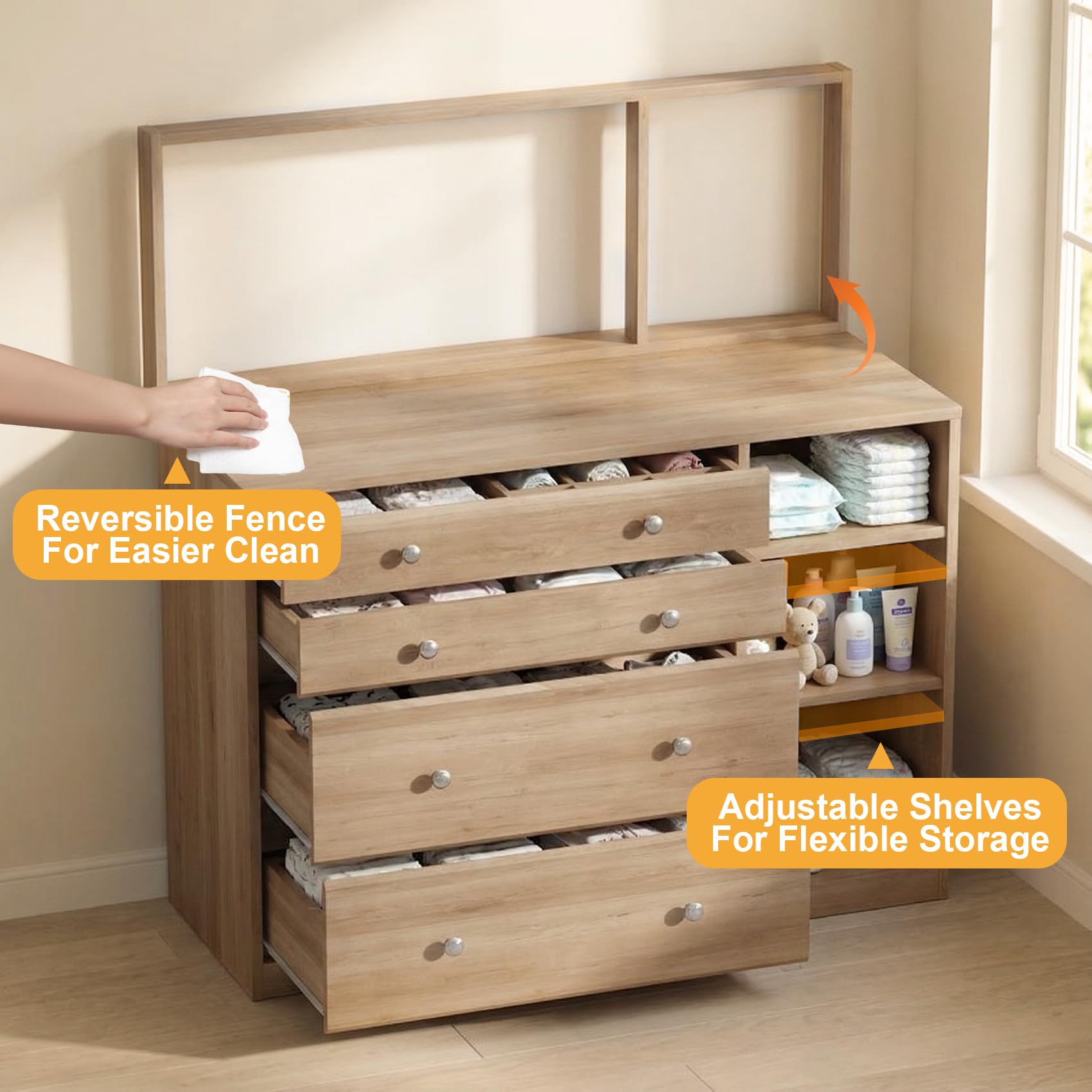 Changing Table Dresser for Nursery, 47.2”L Baby Dresser with 4 Drawers & Adjustable Open Shelves, 2-in-1 Diaper Changing Station with Removable Topper & Drawer Organizer, Natural Wood — view 3