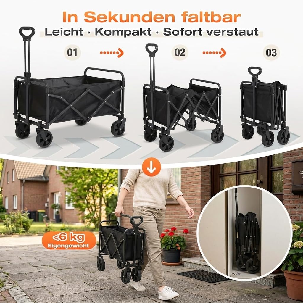 Bollerwagen Faltbar,Kleiner Handwagen Faltbar 70 x 46 x 47 cm Tragkraft 150KG,Bollerwagen mit Verstellbarem Griff für Camping Outdoor Garten Shopping