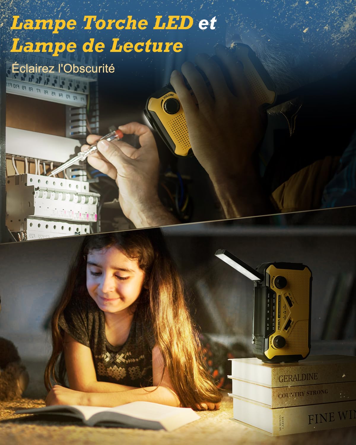 Portable Radio Dynamo Survie, PRUNUS J-369 AM/FM Radio à Pile avec 3000mAh Power Bank/SOS Alarm/Lampe Poch/Panneau Solaire, Haut-parleurs, Ourdoor, Emergency (Jaune)
