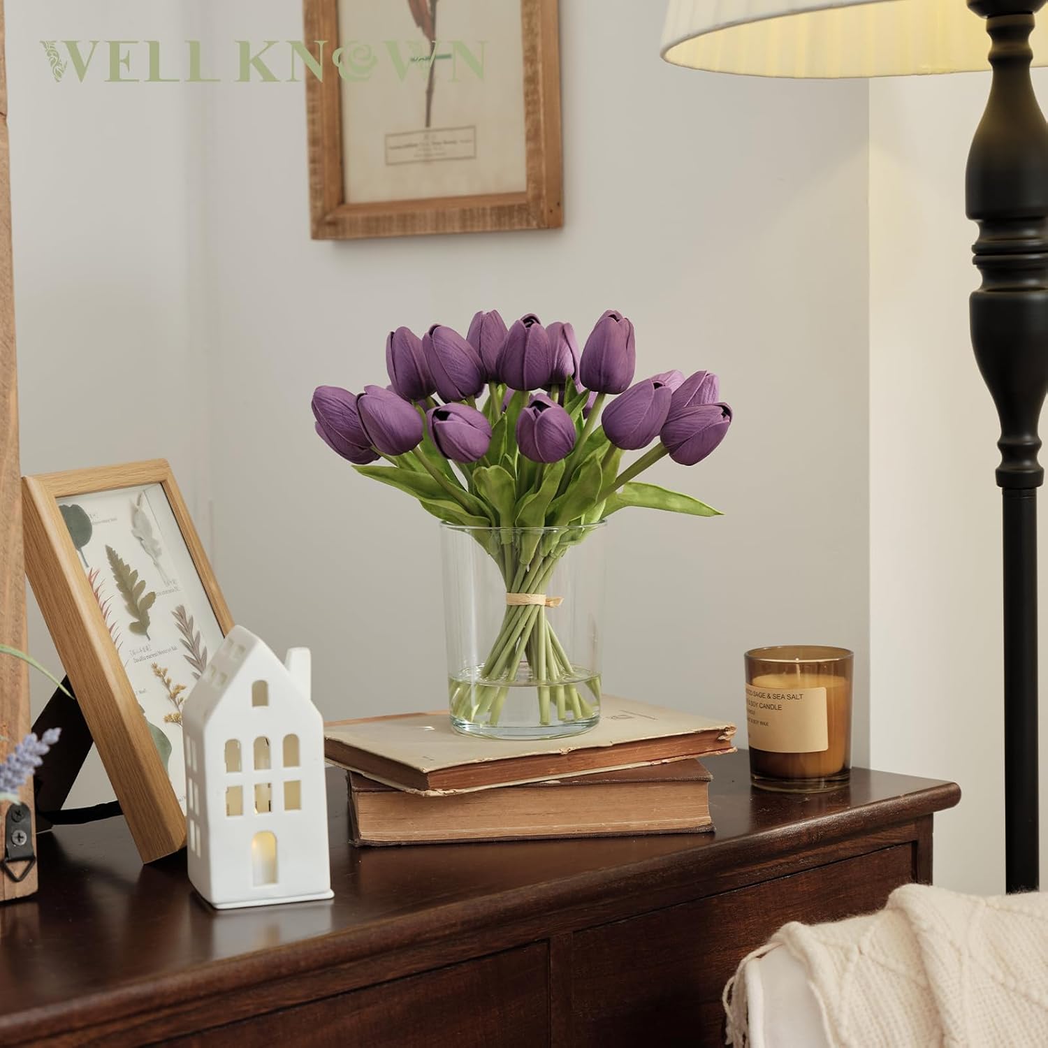 WELL KNOWN 20 Pcs Tulips Artificial Flowers in Vase, Real Touch Fake Purple Tulips Flowers with Glass Vase & Fake Water, Flower Arrangement Centerpiece for Wedding Party Dining Table Home Decor & Gift - Image 3