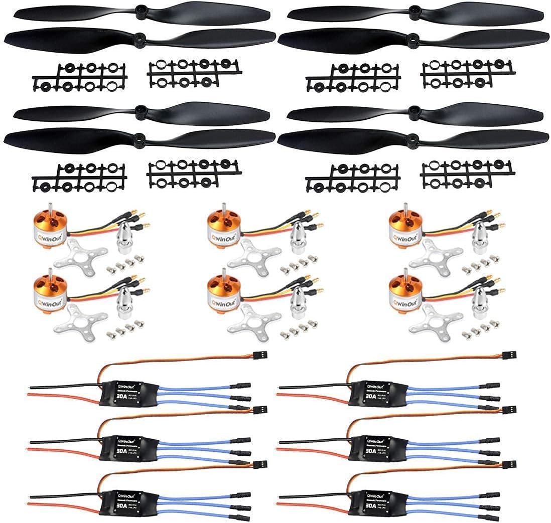 QWinOut 6Pcs 2-4S 30A RC Brushless ESC Simonk with 5V 3A BEC + 6Pcs A2212 1400KV Brushless Motor + 4Pairs 1045 CW CCW Plastic Propeller for DIY Drone FPV RC Quadcopter