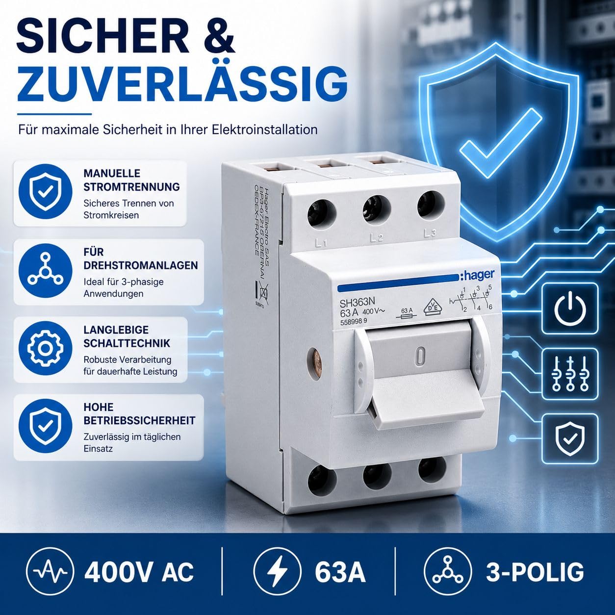 Hager SH363N Hauptschalter 63A 3-polig für Hutschiene, Ausschalter 400V AC, Kompaktschalter für Unterverteilung Hauptverteilung Schaltschrank DIN-Schiene 35mm 3x63 Ampere