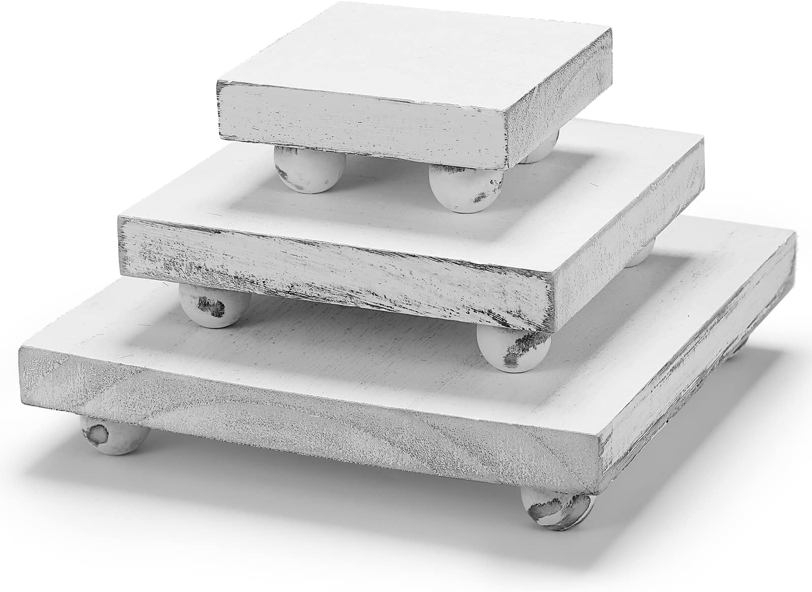 ChunfulSet of 3 Wooden Riser Decorative Wood Pedestal Stand Square Wood Risers for Decor White Rustic Pedestal Stand Whitewash Wood Display Riser for Decor Tiered Tray Indoor Outdoor Home Patio Decor
