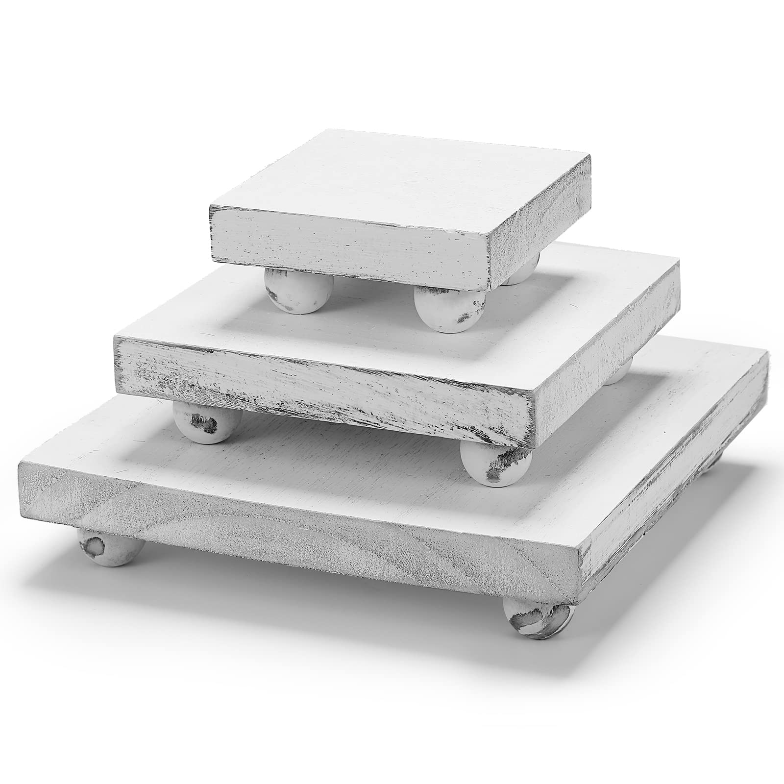ChunfulSet of 3 Wooden Riser Decorative Wood Pedestal Stand Square Wood Risers for Decor White Rustic Pedestal Stand Whitewash Wood Display Riser for Decor Tiered Tray Indoor Outdoor Home Patio Decor