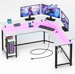 Scrivania Gaming Angolare Devoko 160x130 Cm Con Supporto Monitor E Strisce LED RGB, Colore Bianco - 3