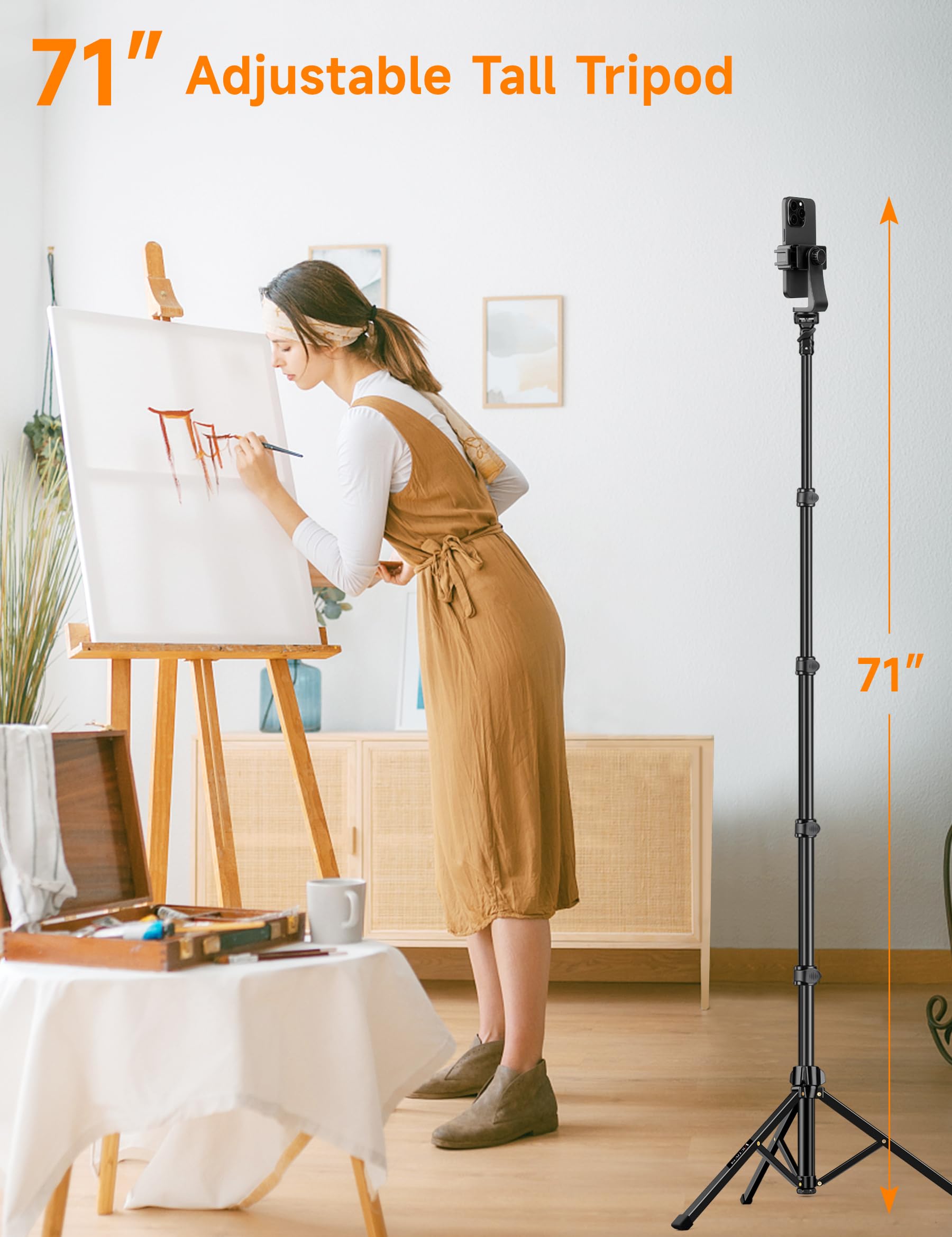 70" Phone Tripod with Remote & Holder, Portable Cell Phone Stand, Selfie Stick for Video Recording, Compatible with iPhone 14/13 Pro Max/Android/Camera: 71 inch Black