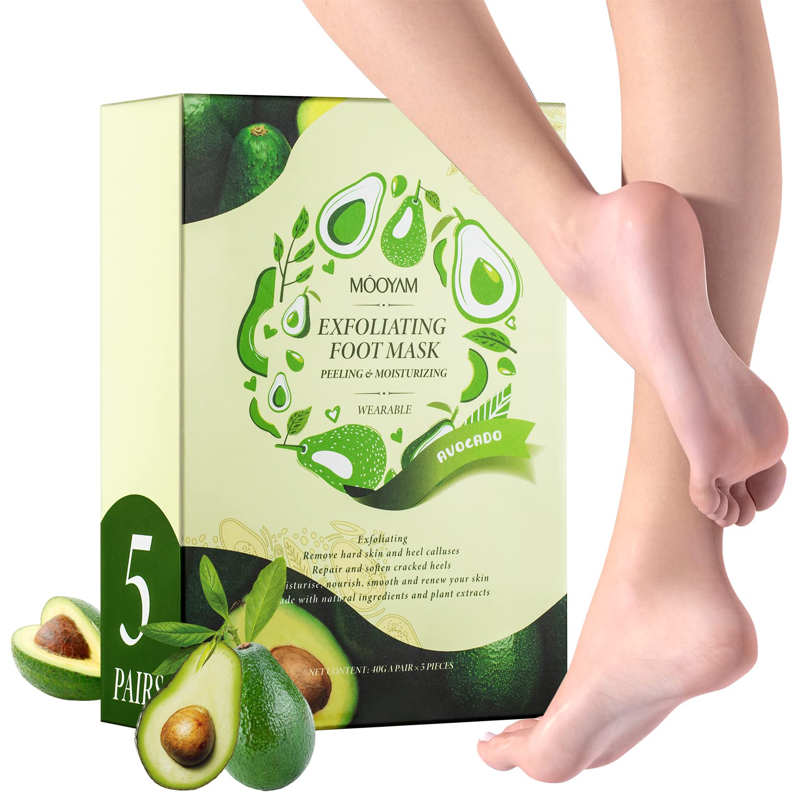 Foot Peel Mask 5 Pack Foot Mask for Dry Cracked Feet Dead Skin Avocado Silky Feet Mask Natural Foot Mask Peel Exfoliating Foot Mask Socks Bulk Make Your Feet Baby Soft Gift for Women& Men